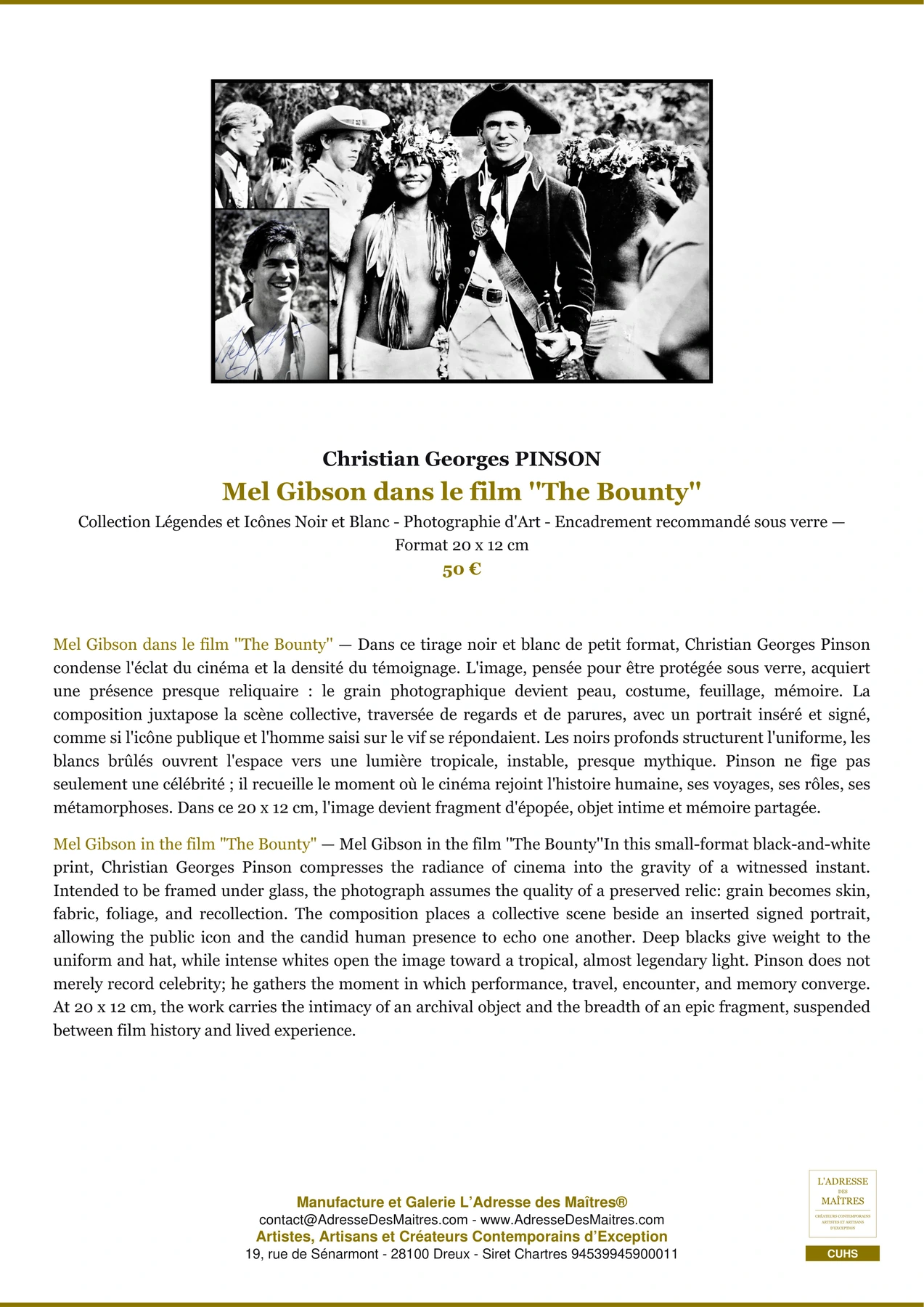 Fiche Premium - Mel Gibson dans le film ''The Bounty'' - Christian Georges PINSON - L'Adresse des Maîtres®