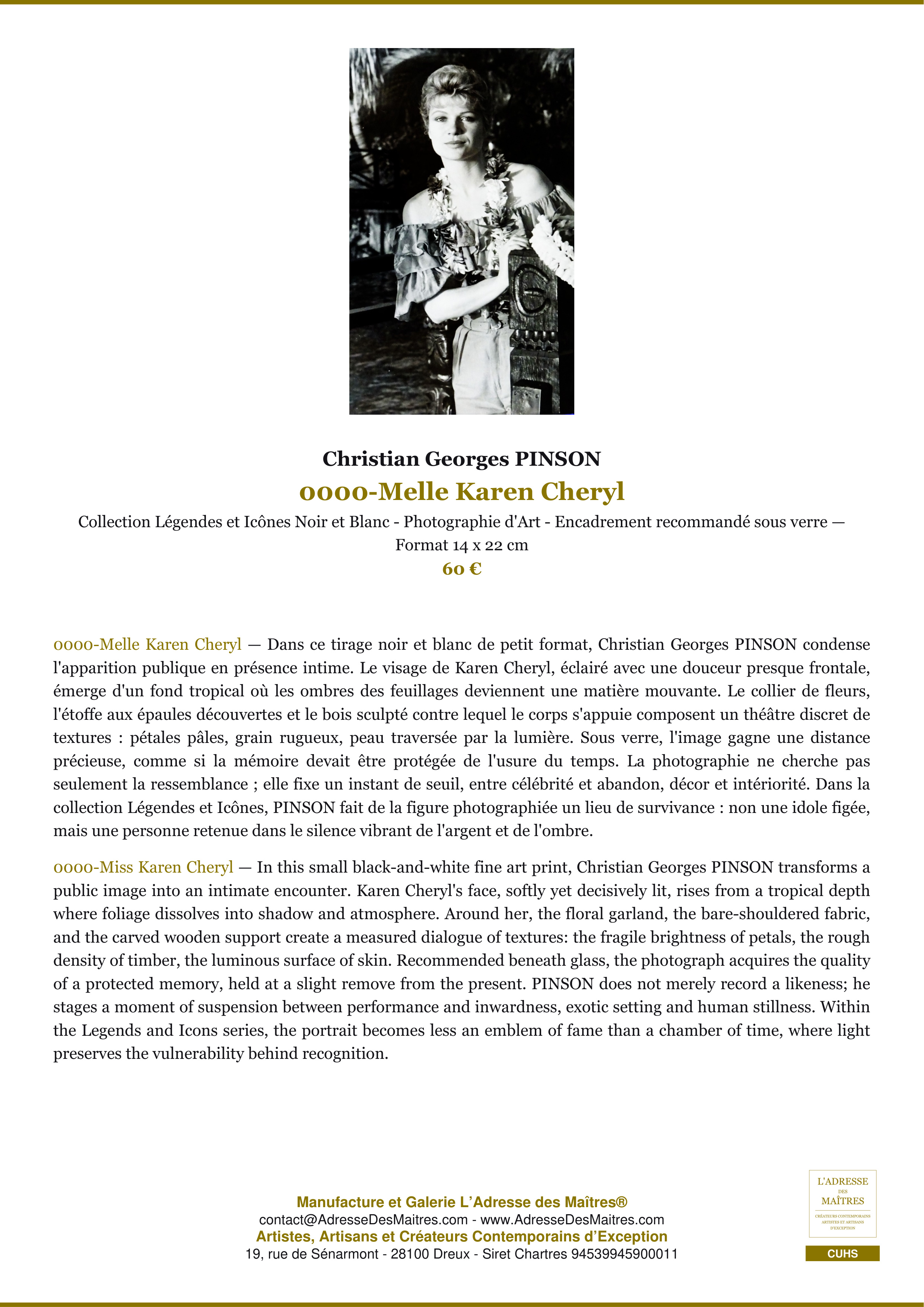 Fiche Premium — 0000-Melle Karen Cheryl — Christian Georges PINSON — L'Adresse des Maîtres®