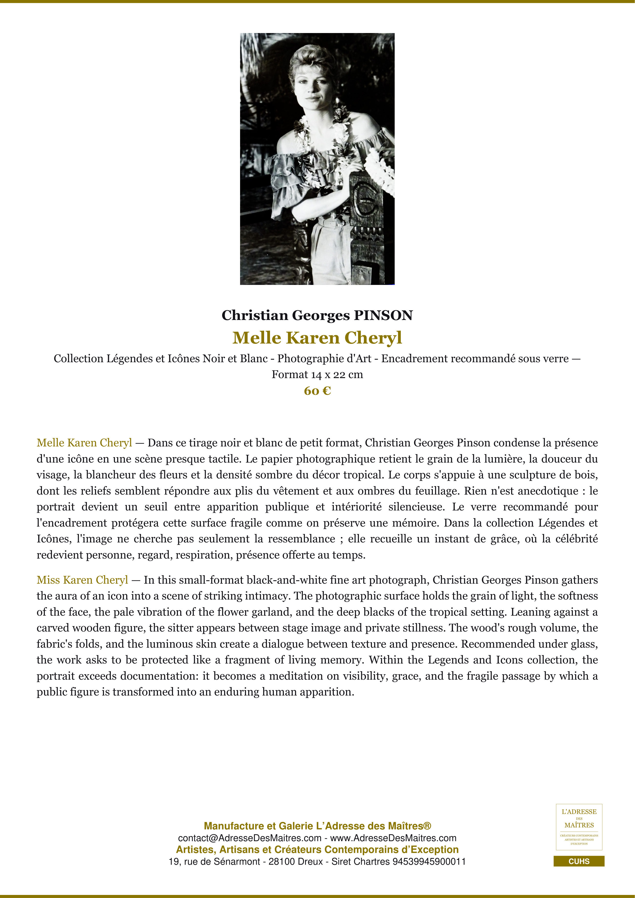 Fiche Premium — Melle Karen Cheryl — Christian Georges PINSON — L'Adresse des Maîtres®