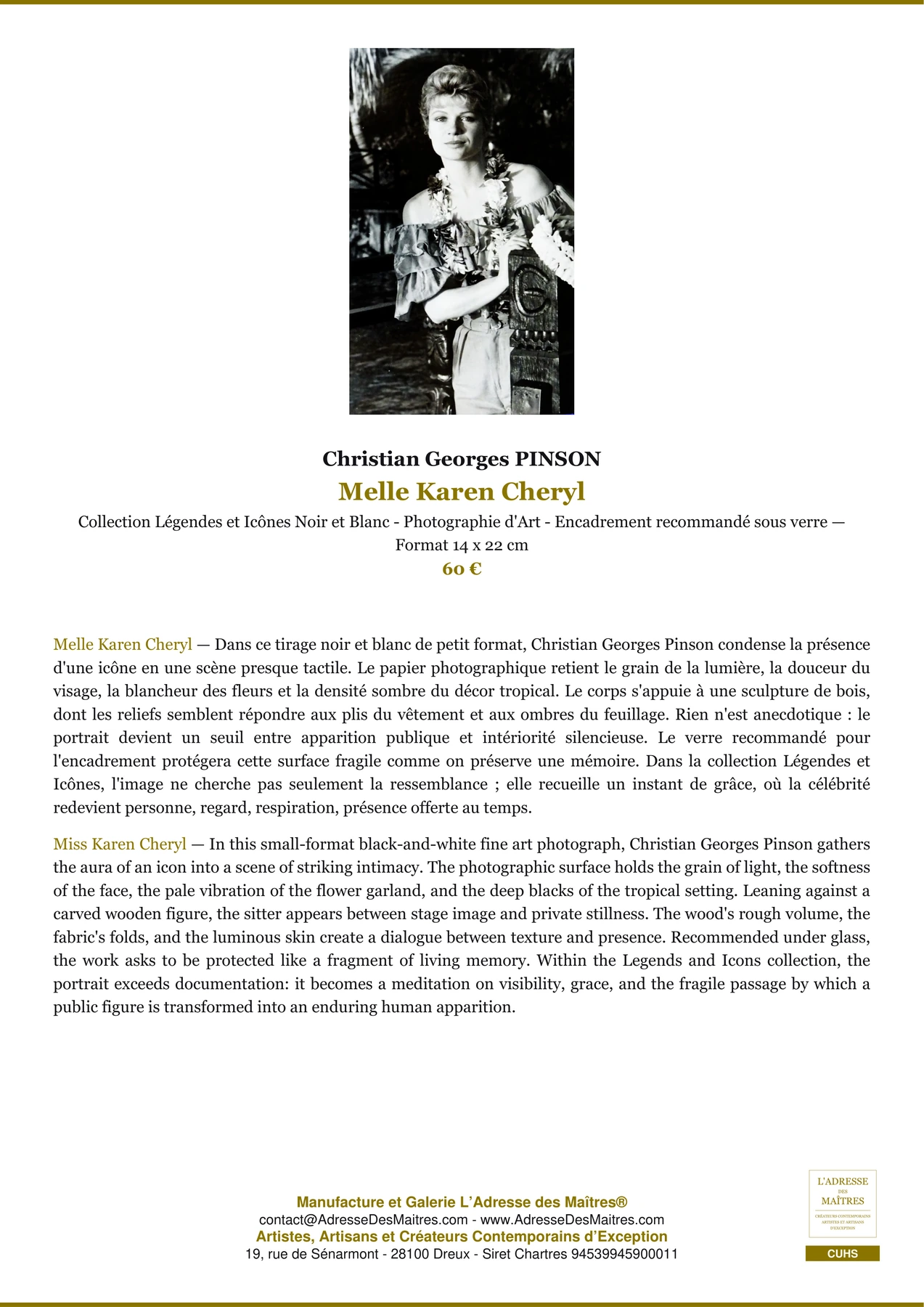 Fiche Premium - Melle Karen Cheryl - Christian Georges PINSON - L'Adresse des Maîtres®