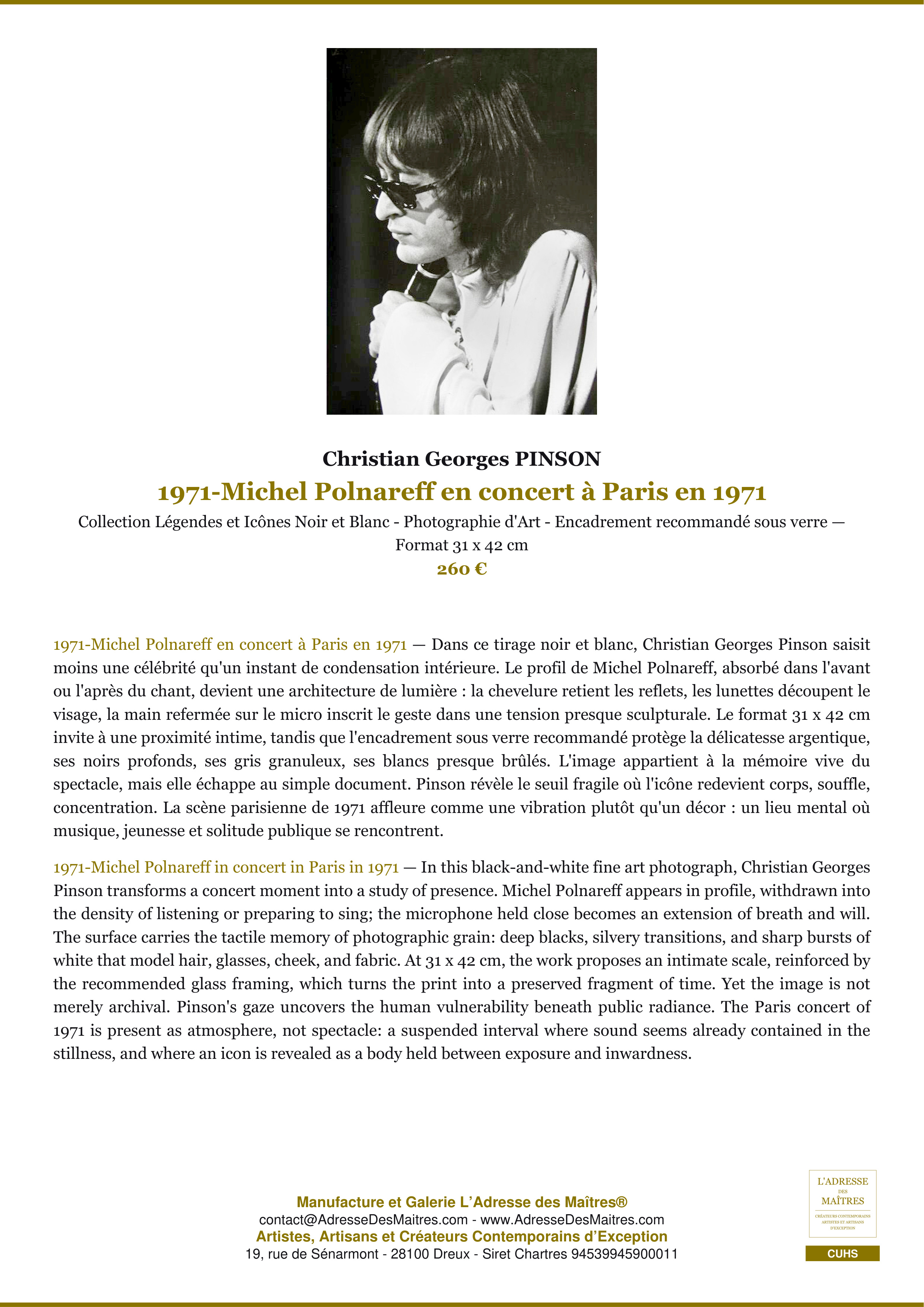 Fiche Premium — 1971-Michel Polnareff en concert à Paris en 1971 — Christian Georges PINSON — L'Adresse des Maîtres®