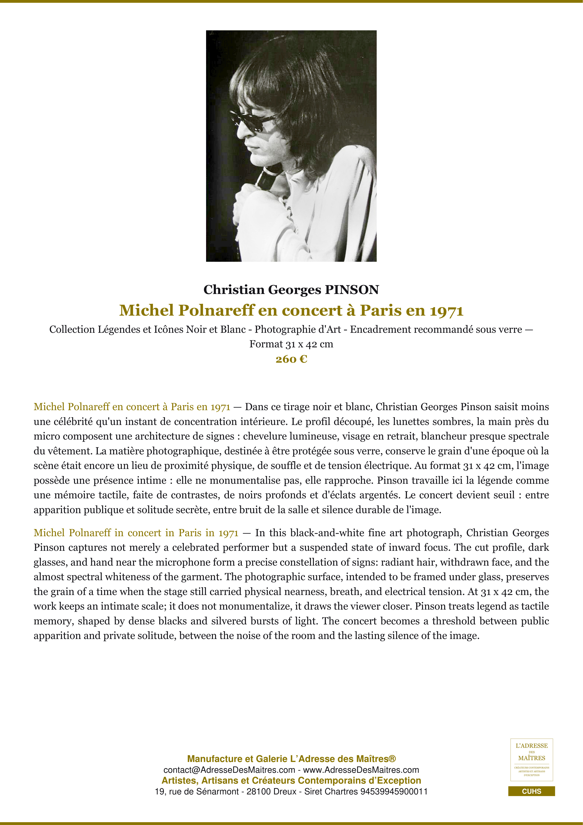 Fiche Premium — Michel Polnareff en concert à Paris en 1971 — Christian Georges PINSON — L'Adresse des Maîtres®