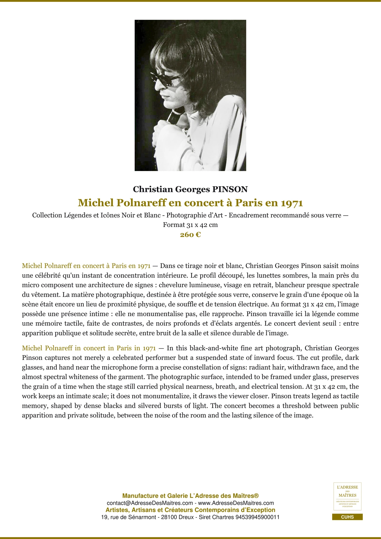 Fiche Premium - Michel Polnareff en concert à Paris en 1971 - Christian Georges PINSON - L'Adresse des Maîtres®