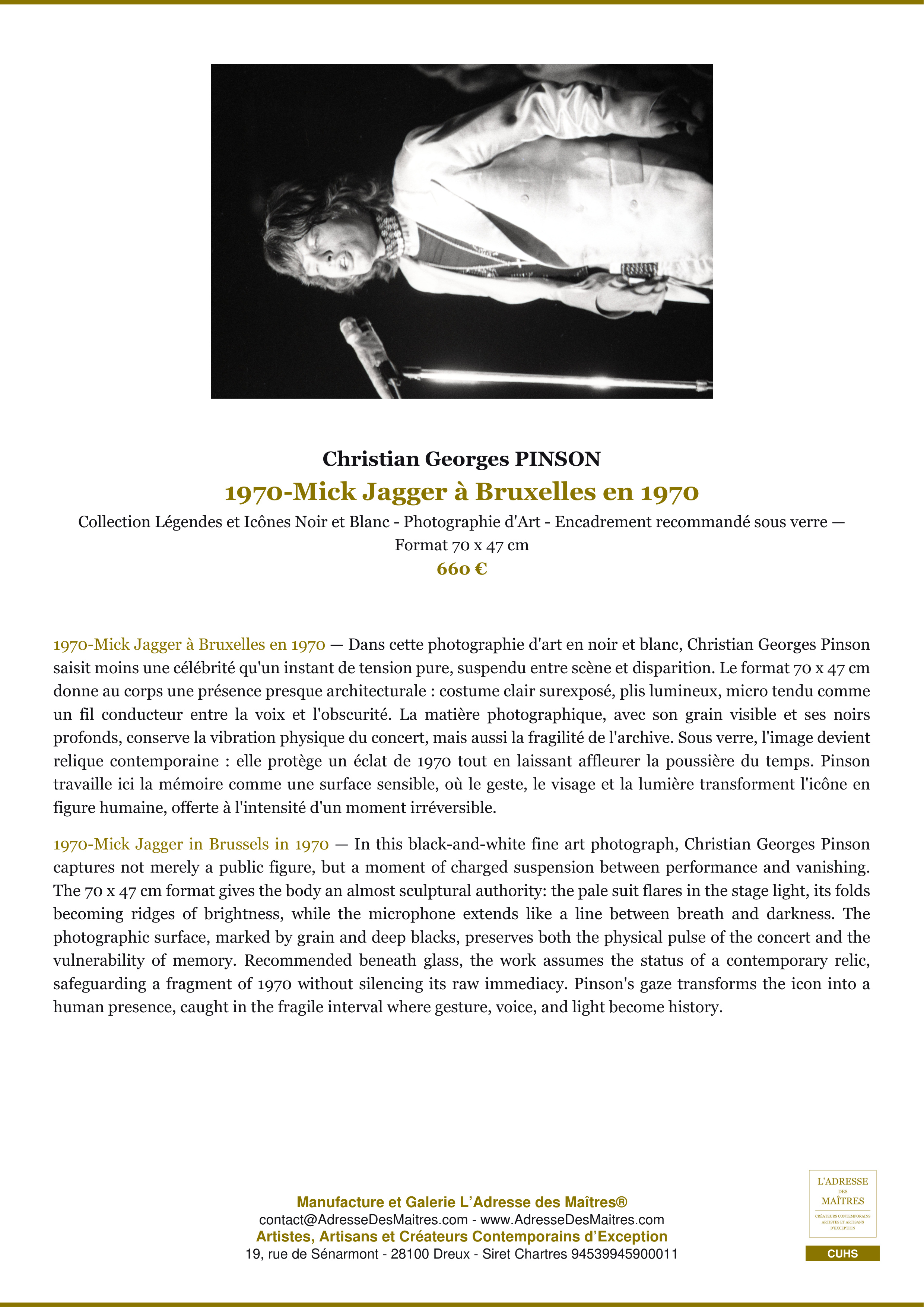 Fiche Premium — 1970-Mick Jagger à Bruxelles en 1970 — Christian Georges PINSON — L'Adresse des Maîtres®