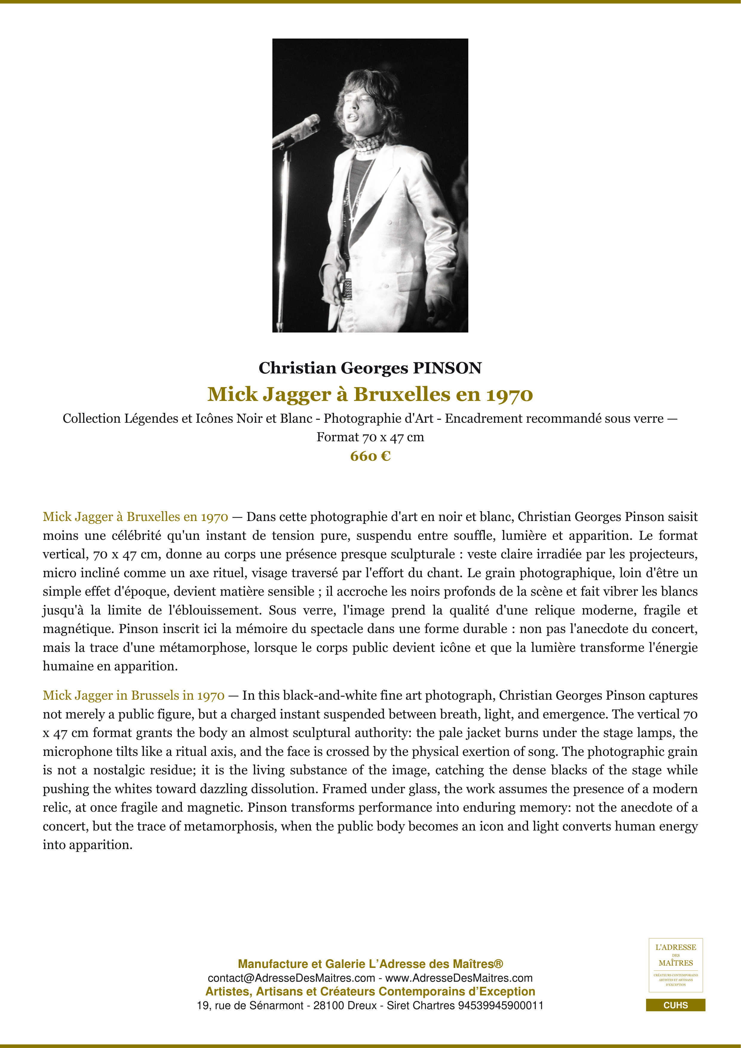 Fiche Premium — Mick Jagger à Bruxelles en 1970 — Christian Georges PINSON — L'Adresse des Maîtres®