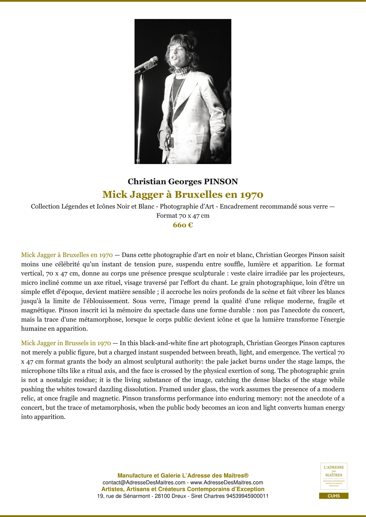 Fiche Premium - Mick Jagger à Bruxelles en 1970 - Christian Georges PINSON - L'Adresse des Maîtres®