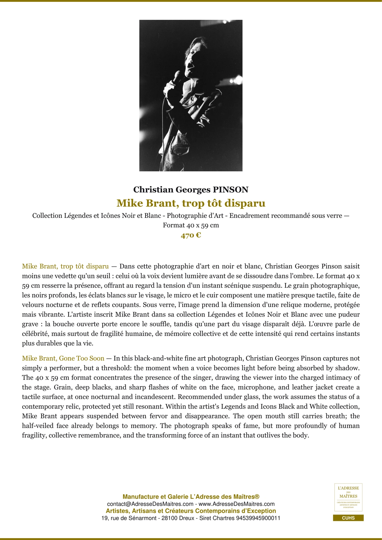 Fiche Premium - Mike Brant, trop tôt disparu - Christian Georges PINSON - L'Adresse des Maîtres®