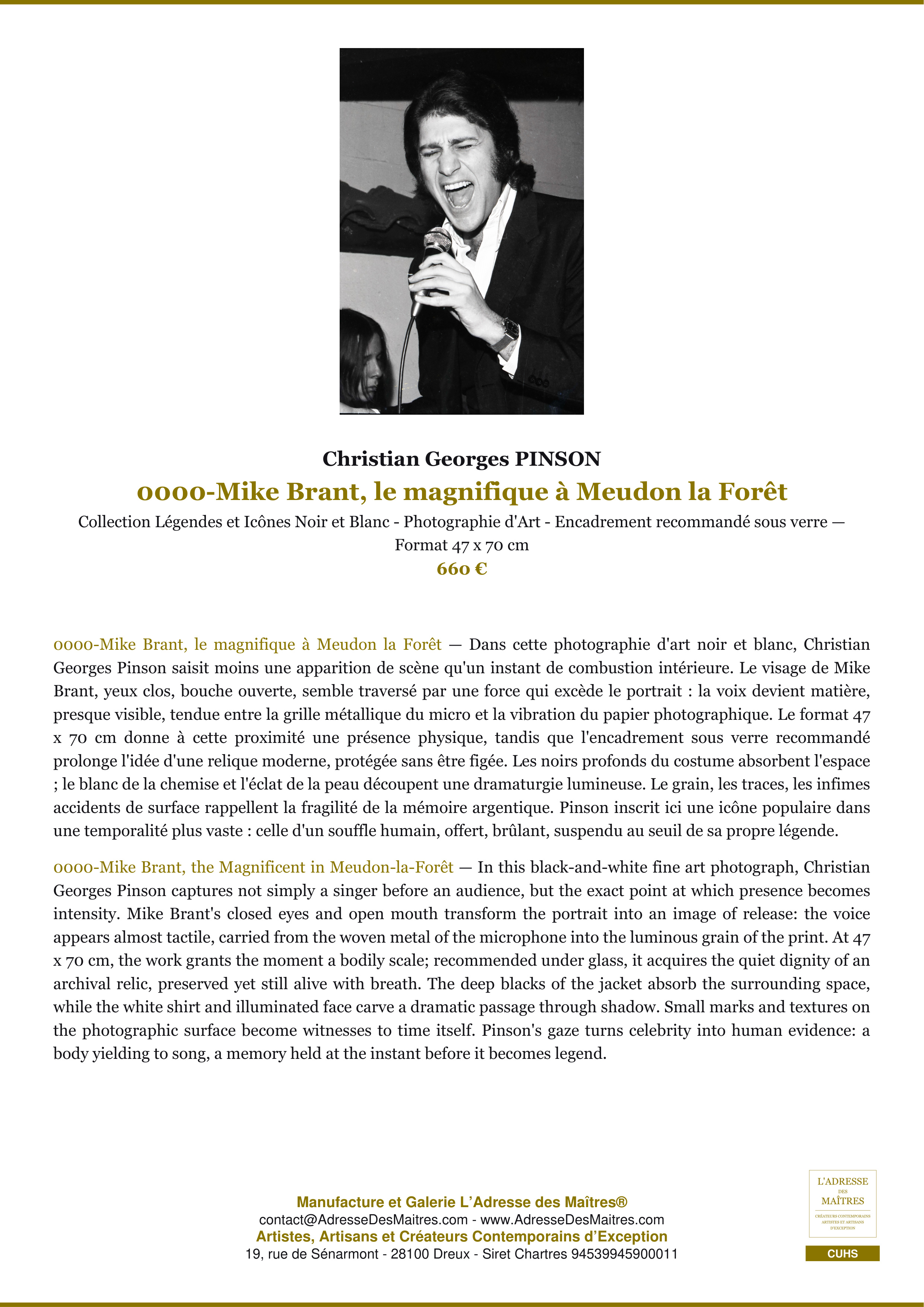 Fiche Premium — 0000-Mike Brant, le magnifique à Meudon la Forêt — Christian Georges PINSON — L'Adresse des Maîtres®