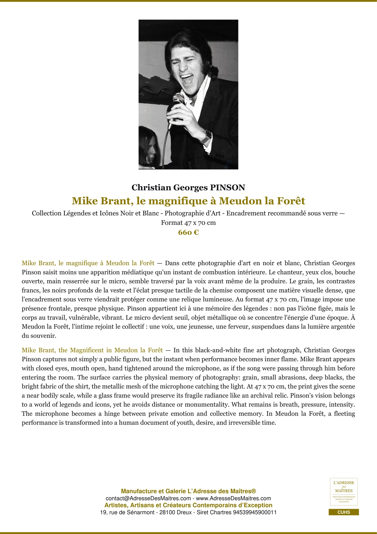 Fiche Premium - Mike Brant, le magnifique à Meudon la Forêt - Christian Georges PINSON - L'Adresse des Maîtres®