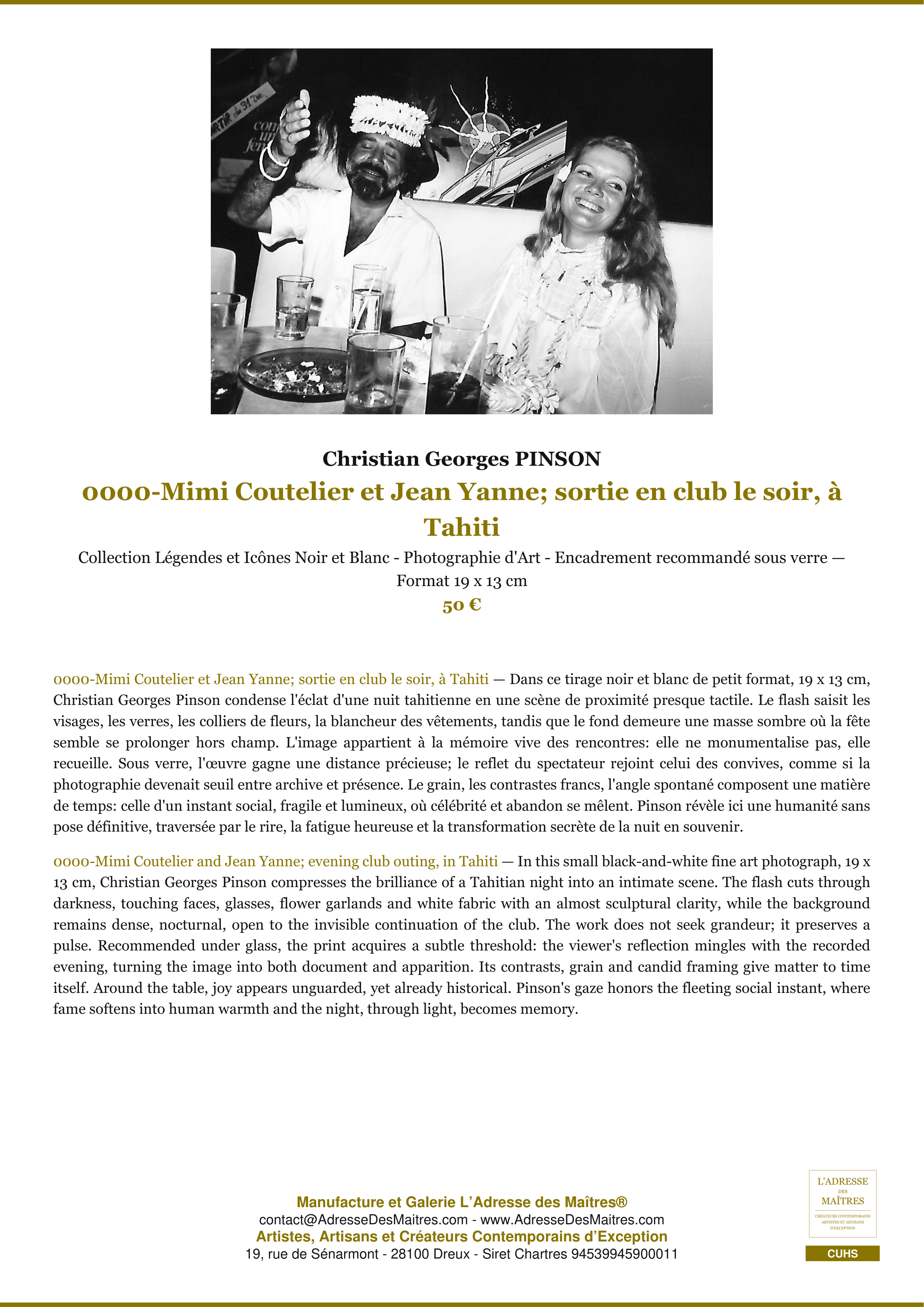 Fiche Premium — 0000-Mimi Coutelier et Jean Yanne; sortie en club le soir, à Tahiti — Christian Georges PINSON — L'Adresse des Maîtres®