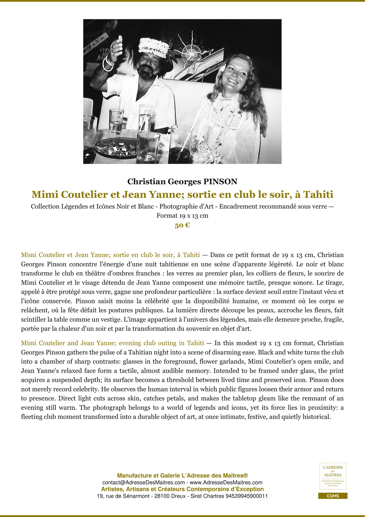 Fiche Premium - Mimi Coutelier et Jean Yanne; sortie en club le soir, à Tahiti - Christian Georges PINSON - L'Adresse des Maîtres®