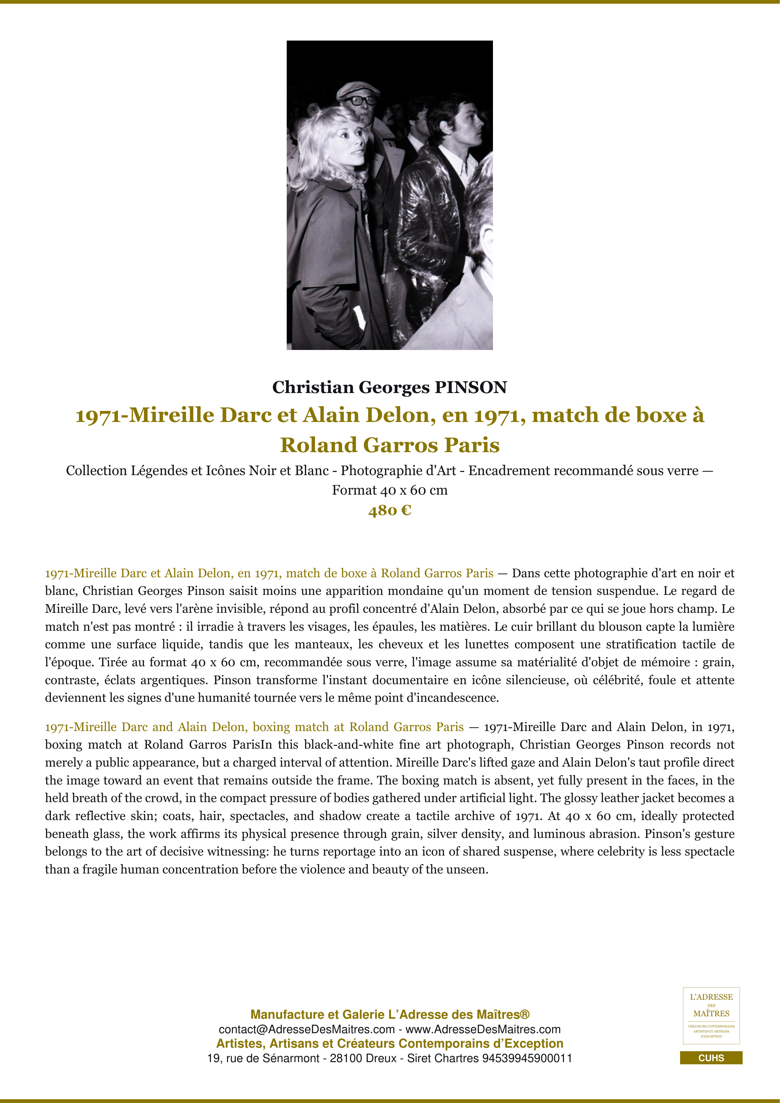 Fiche Premium — 1971-Mireille Darc et Alain Delon, en 1971, match de boxe à Roland Garros Paris — Christian Georges PINSON — L'Adresse des Maîtres®