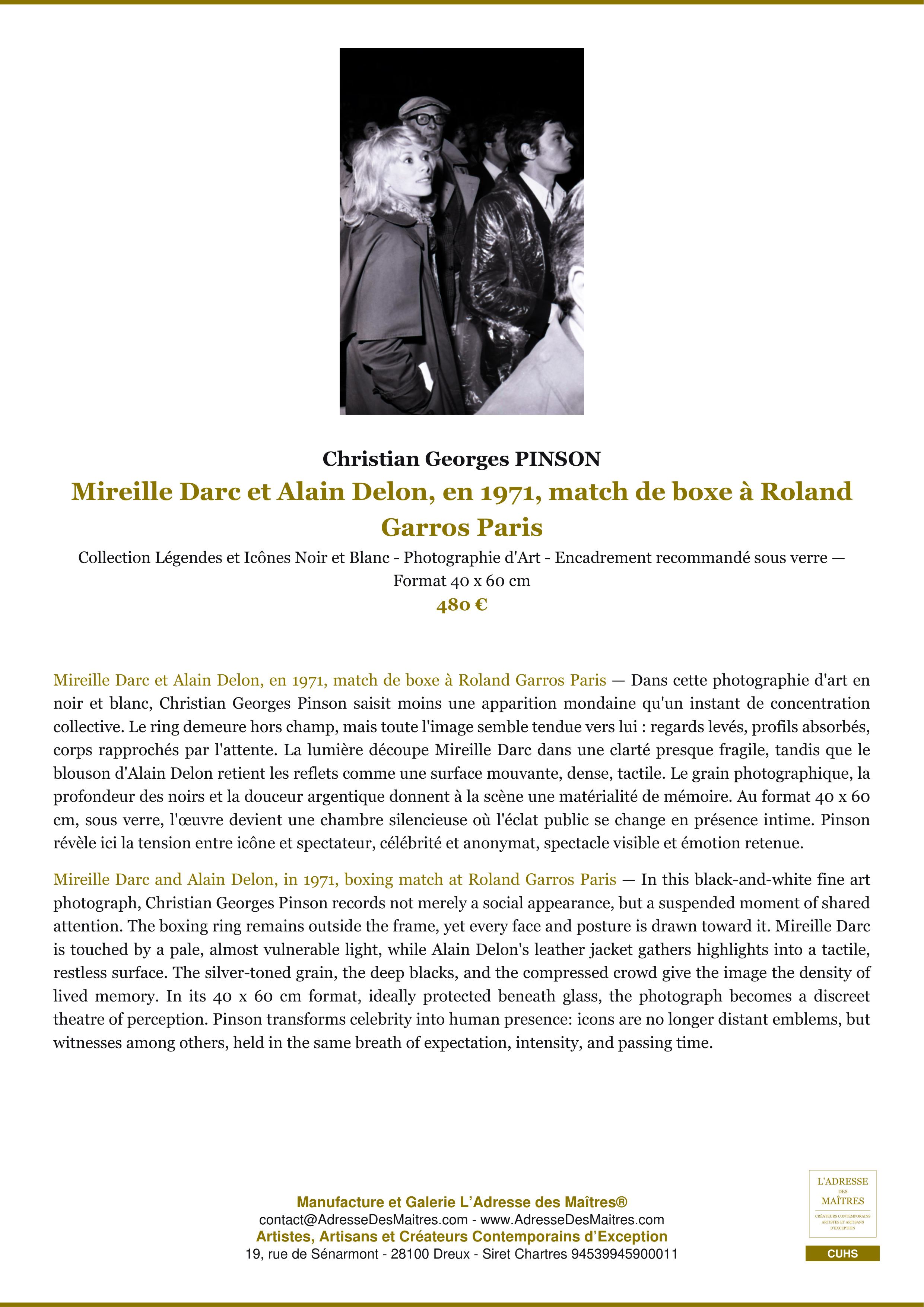 Fiche Premium — Mireille Darc et Alain Delon, en 1971, match de boxe à Roland Garros Paris — Christian Georges PINSON — L'Adresse des Maîtres®