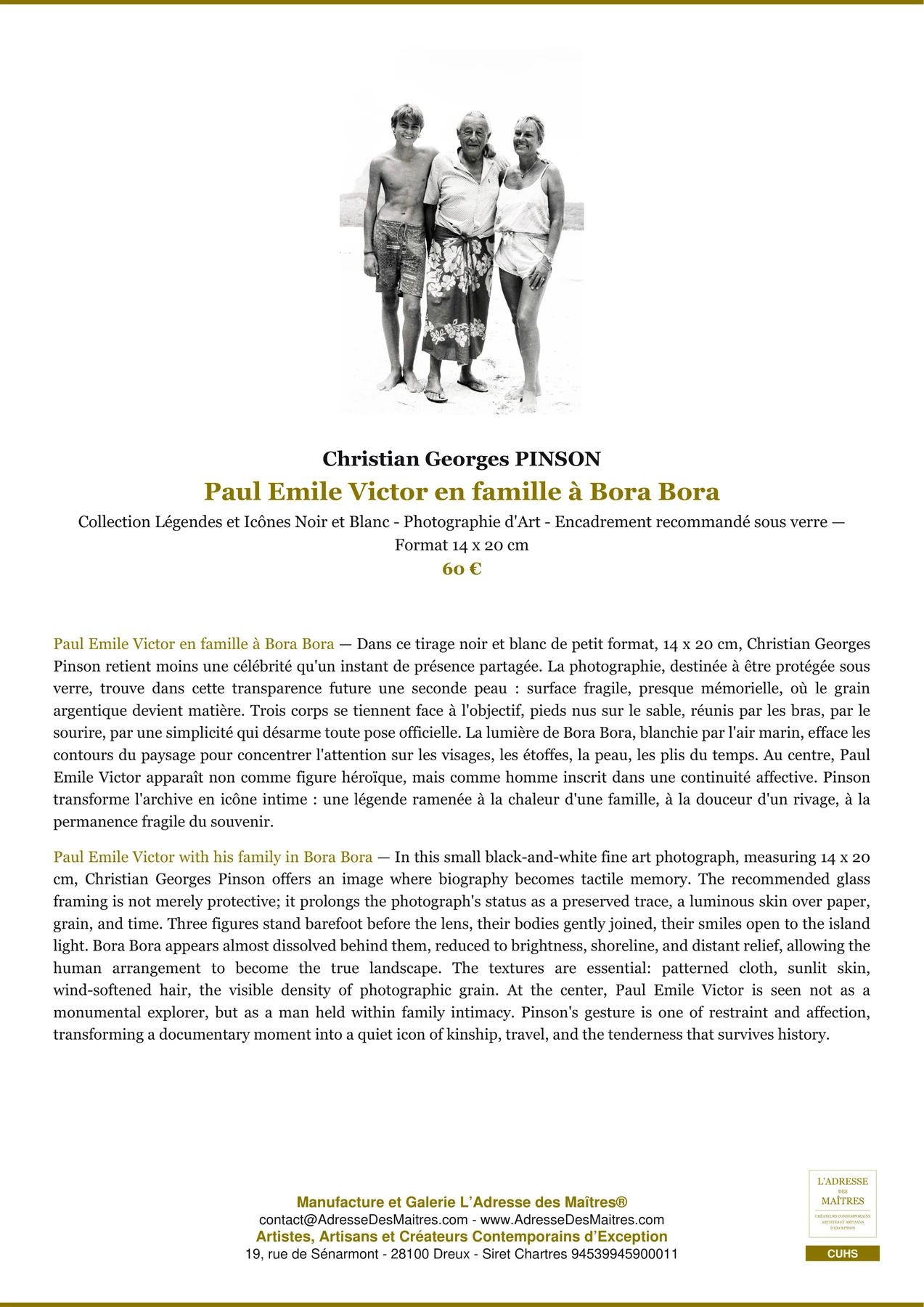 Fiche Premium - Paul Emile Victor en famille à Bora Bora - Christian Georges PINSON - L'Adresse des Maîtres®