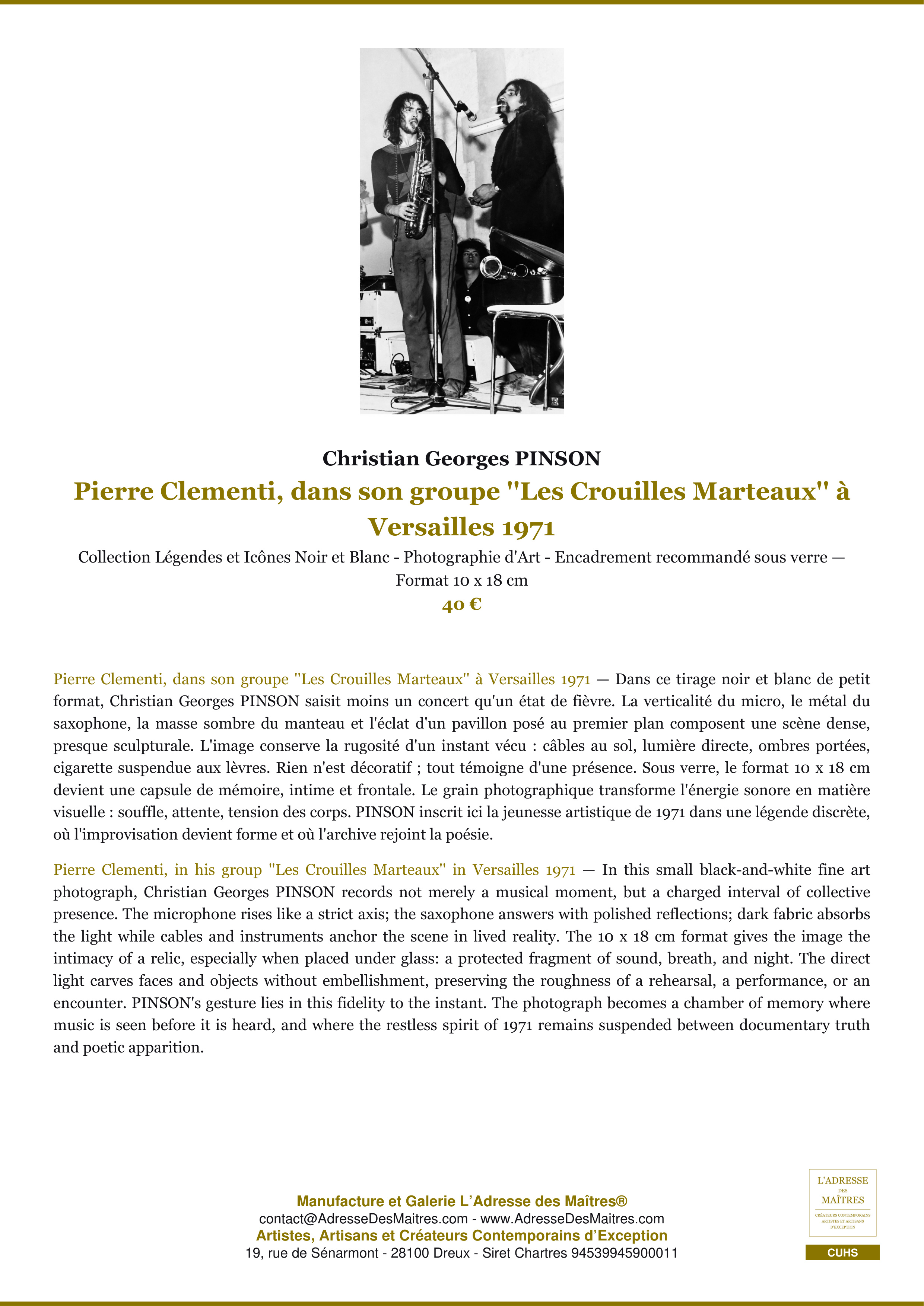 Fiche Premium — Pierre Clementi, dans son groupe ''Les Crouilles Marteaux'' à Versailles 1971 — Christian Georges PINSON — L'Adresse des Maîtres®