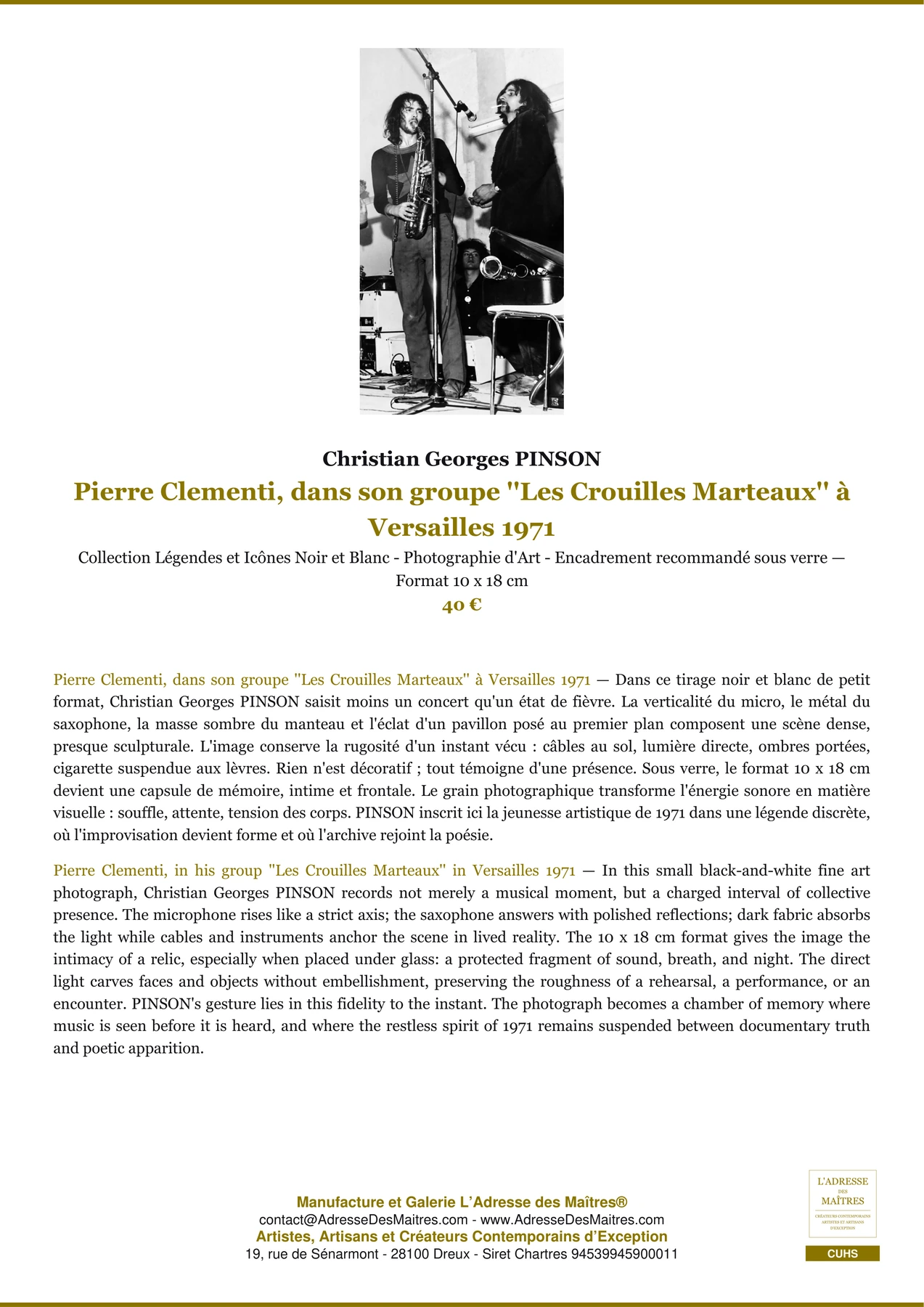 Fiche Premium - Pierre Clementi, dans son groupe ''Les Crouilles Marteaux'' à Versailles 1971 - Christian Georges PINSON - L'Adresse des Maîtres®
