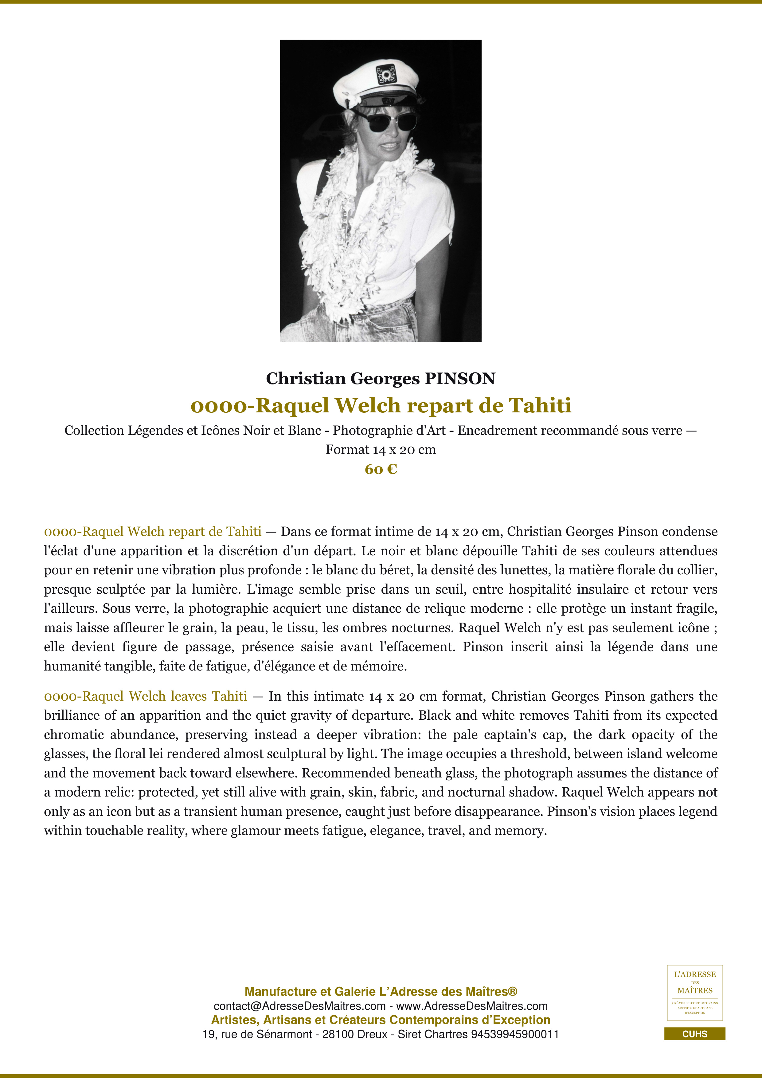 Fiche Premium — 0000-Raquel Welch repart de Tahiti — Christian Georges PINSON — L'Adresse des Maîtres®