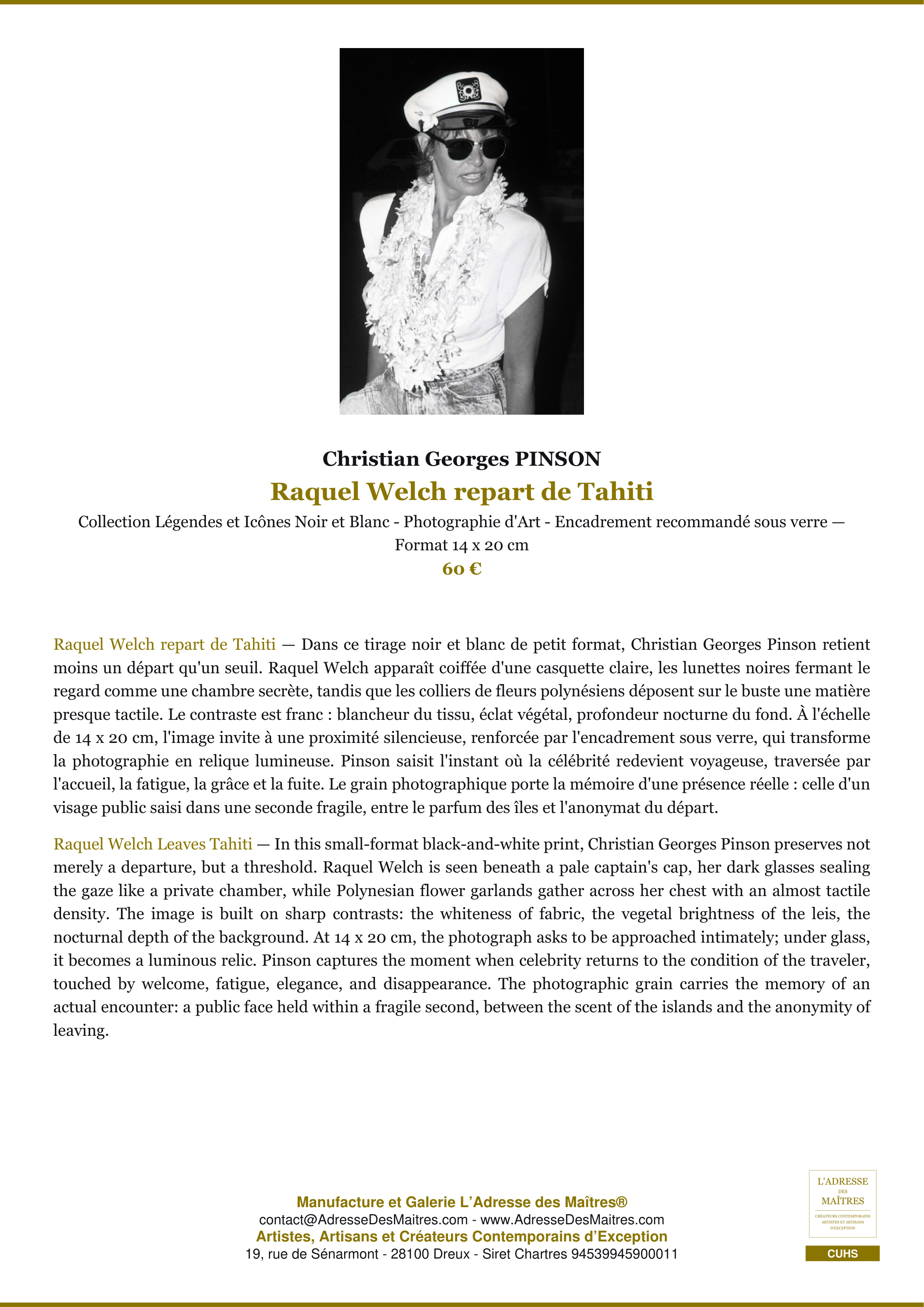 Fiche Premium — Raquel Welch repart de Tahiti — Christian Georges PINSON — L'Adresse des Maîtres®