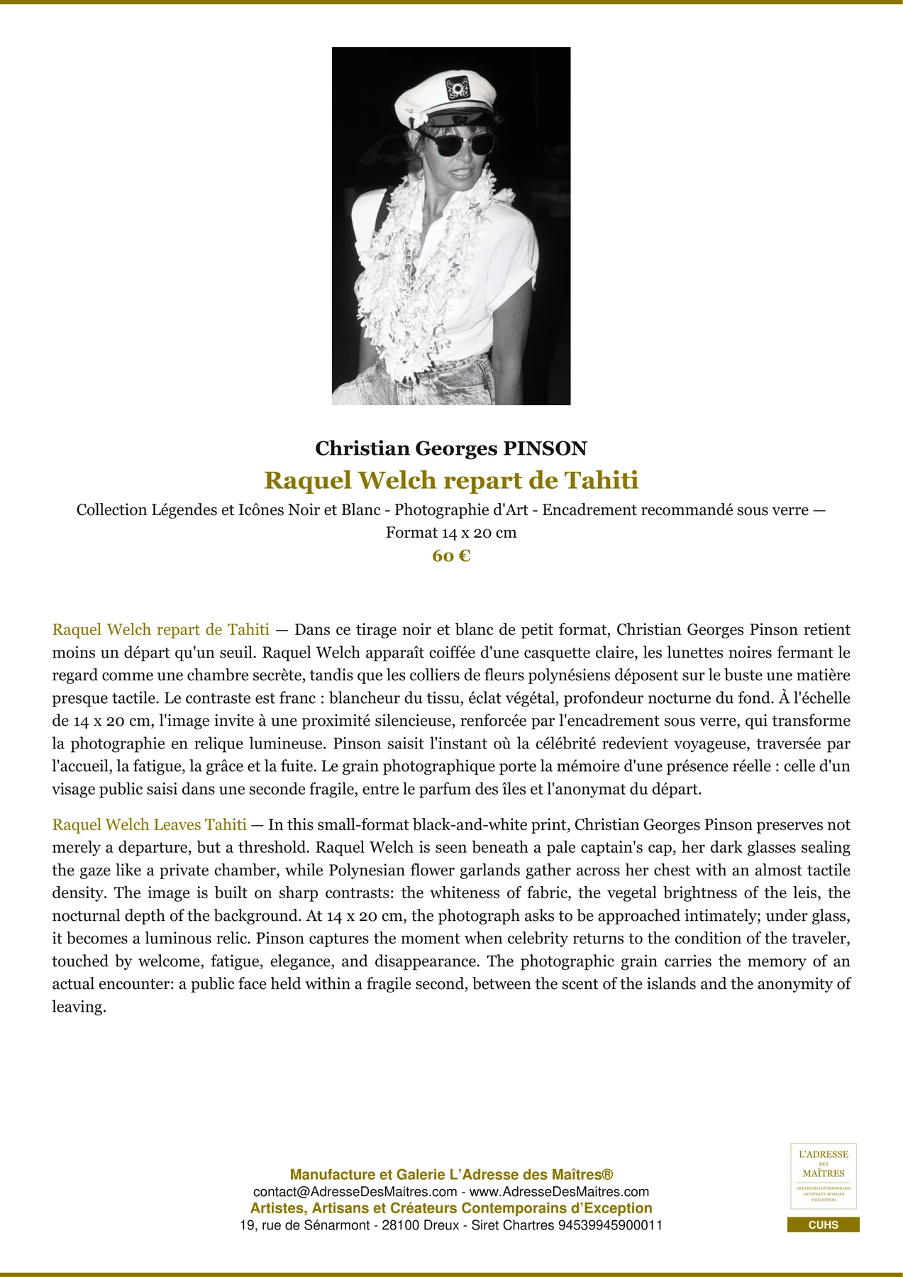 Fiche Premium - Raquel Welch repart de Tahiti - Christian Georges PINSON - L'Adresse des Maîtres®