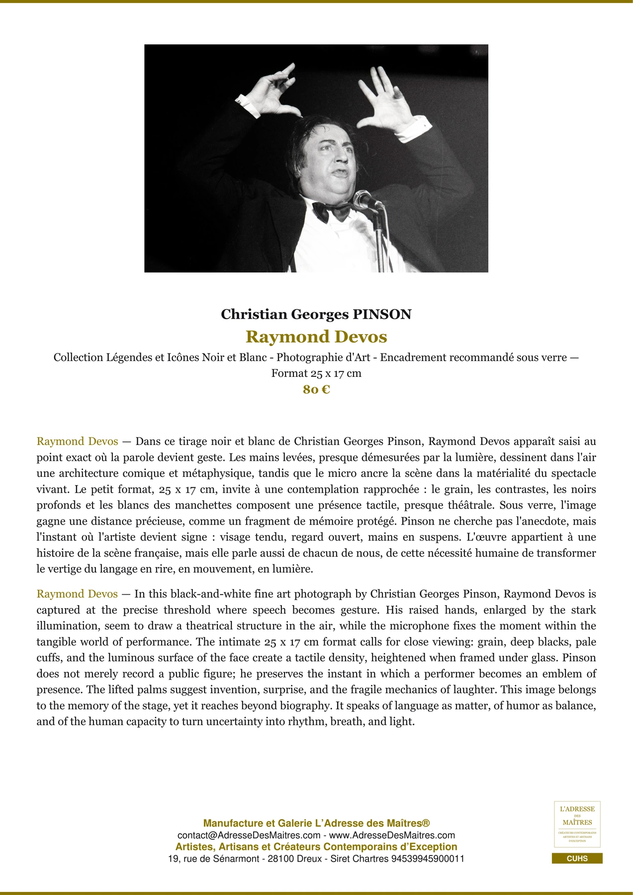 Fiche Premium - Raymond Devos - Christian Georges PINSON - L'Adresse des Maîtres®