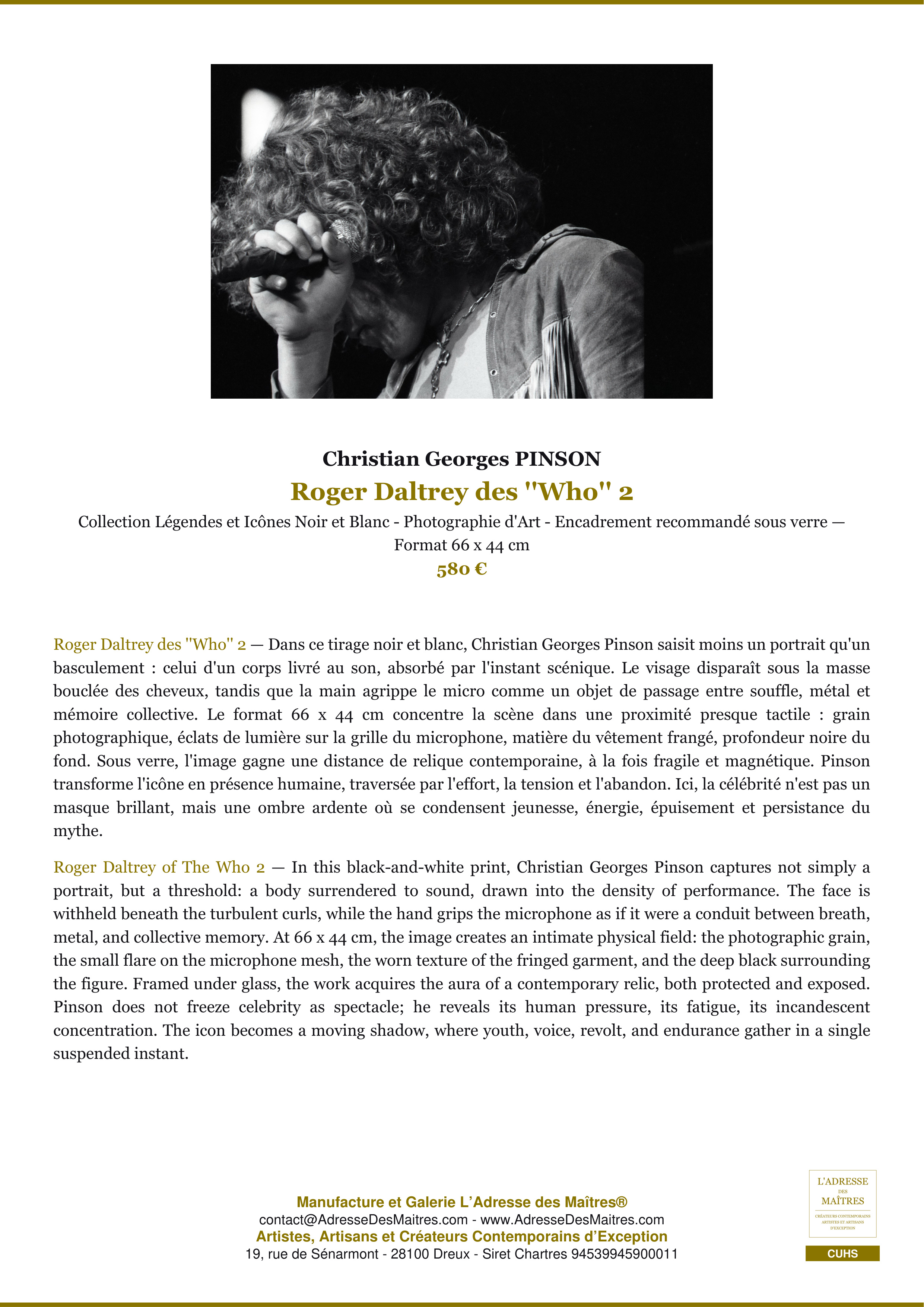 Fiche Premium — Roger Daltrey des ''Who'' 2 — Christian Georges PINSON — L'Adresse des Maîtres®