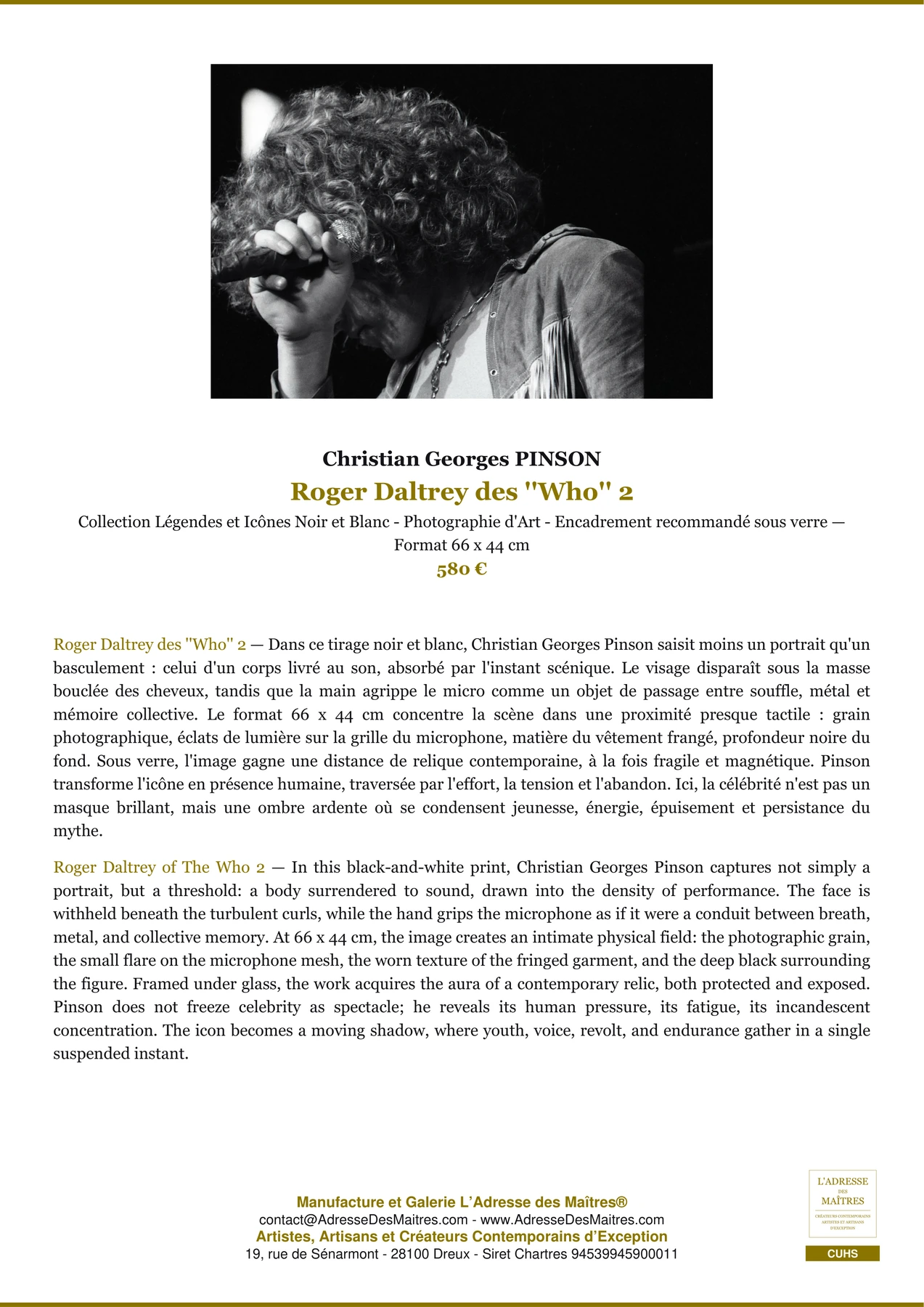 Fiche Premium - Roger Daltrey des ''Who'' 2 - Christian Georges PINSON - L'Adresse des Maîtres®