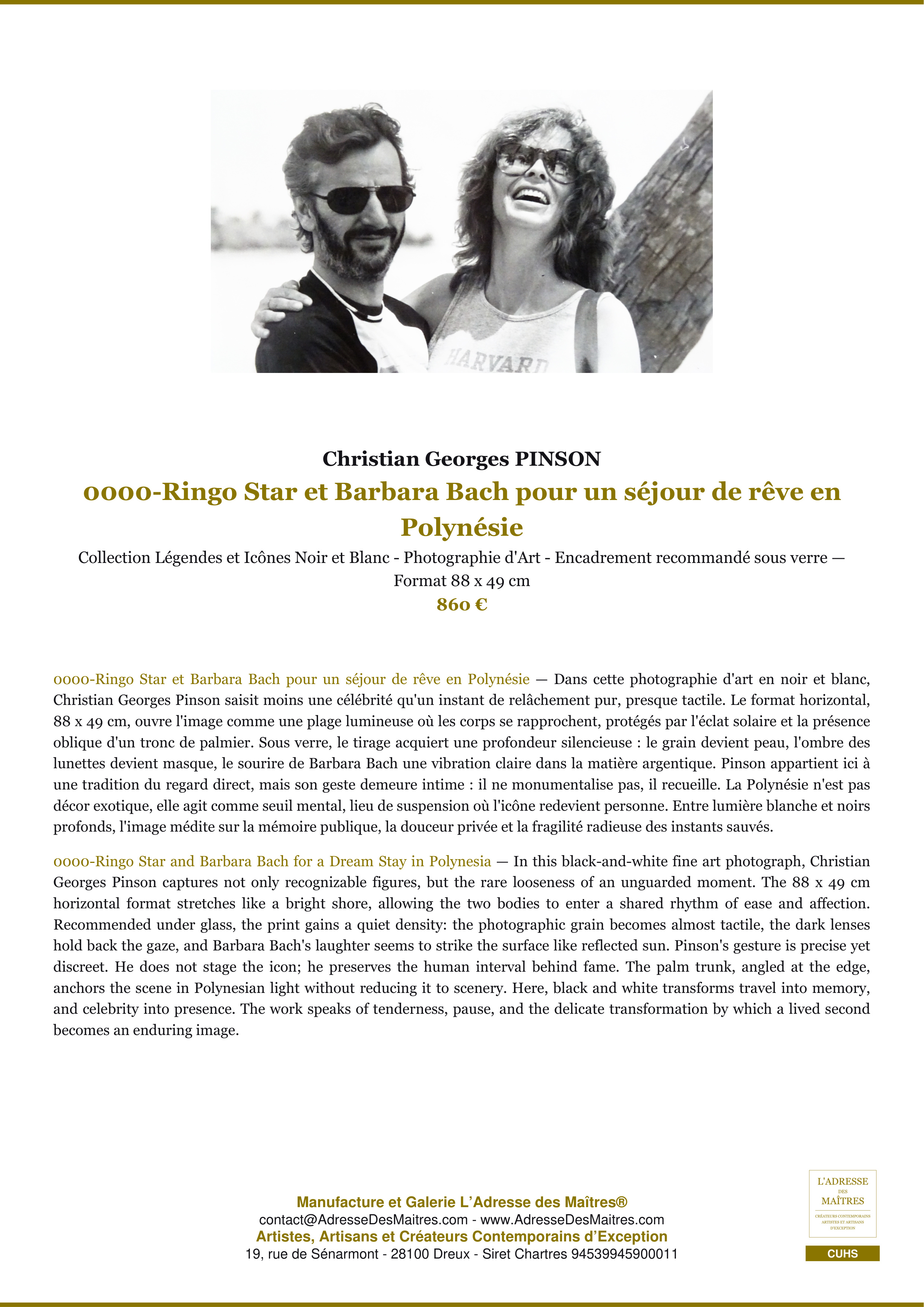 Fiche Premium — 0000-Ringo Star et Barbara Bach pour un séjour de rêve en Polynésie — Christian Georges PINSON — L'Adresse des Maîtres®