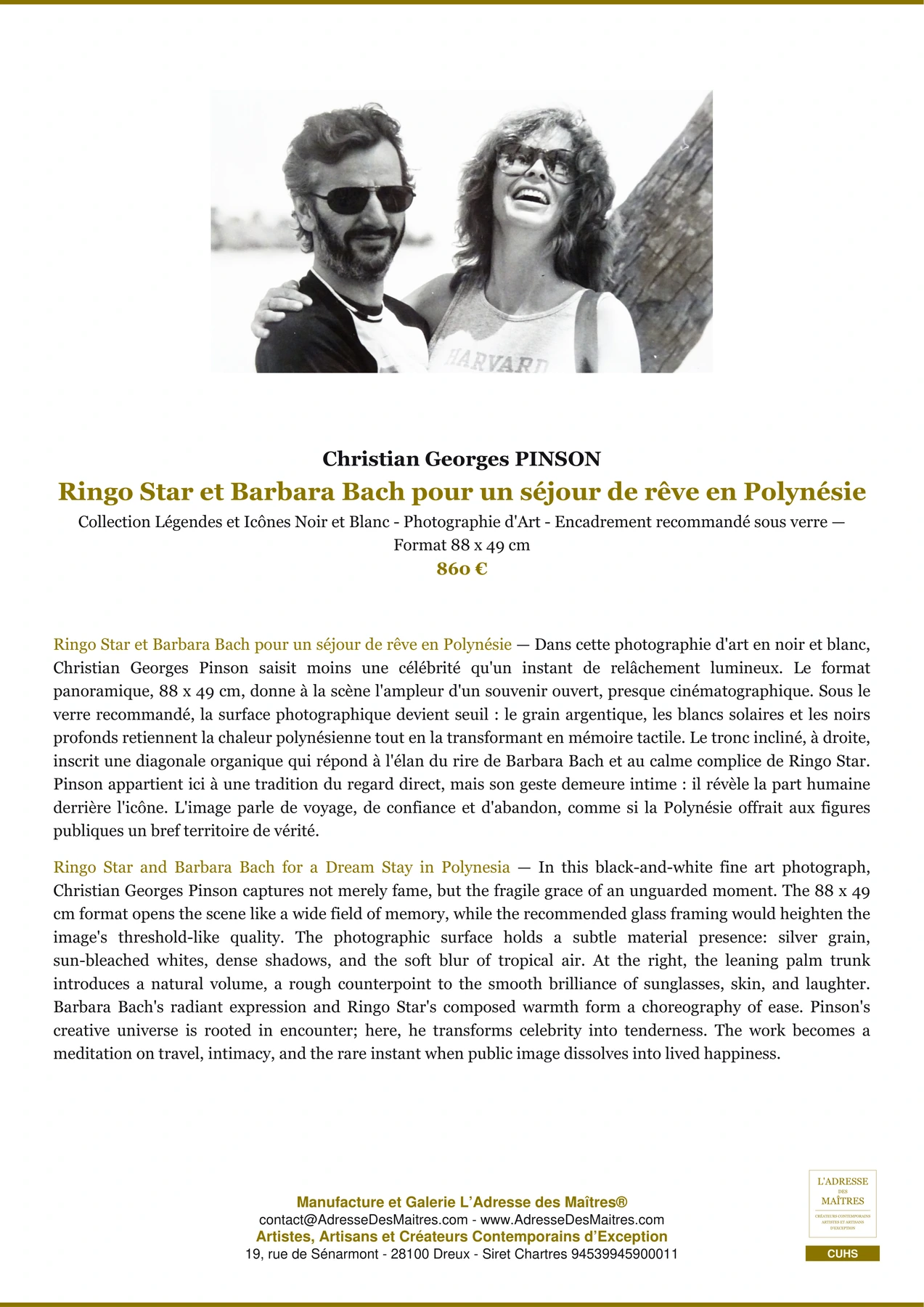 Fiche Premium - Ringo Star et Barbara Bach pour un séjour de rêve en Polynésie - Christian Georges PINSON - L'Adresse des Maîtres®