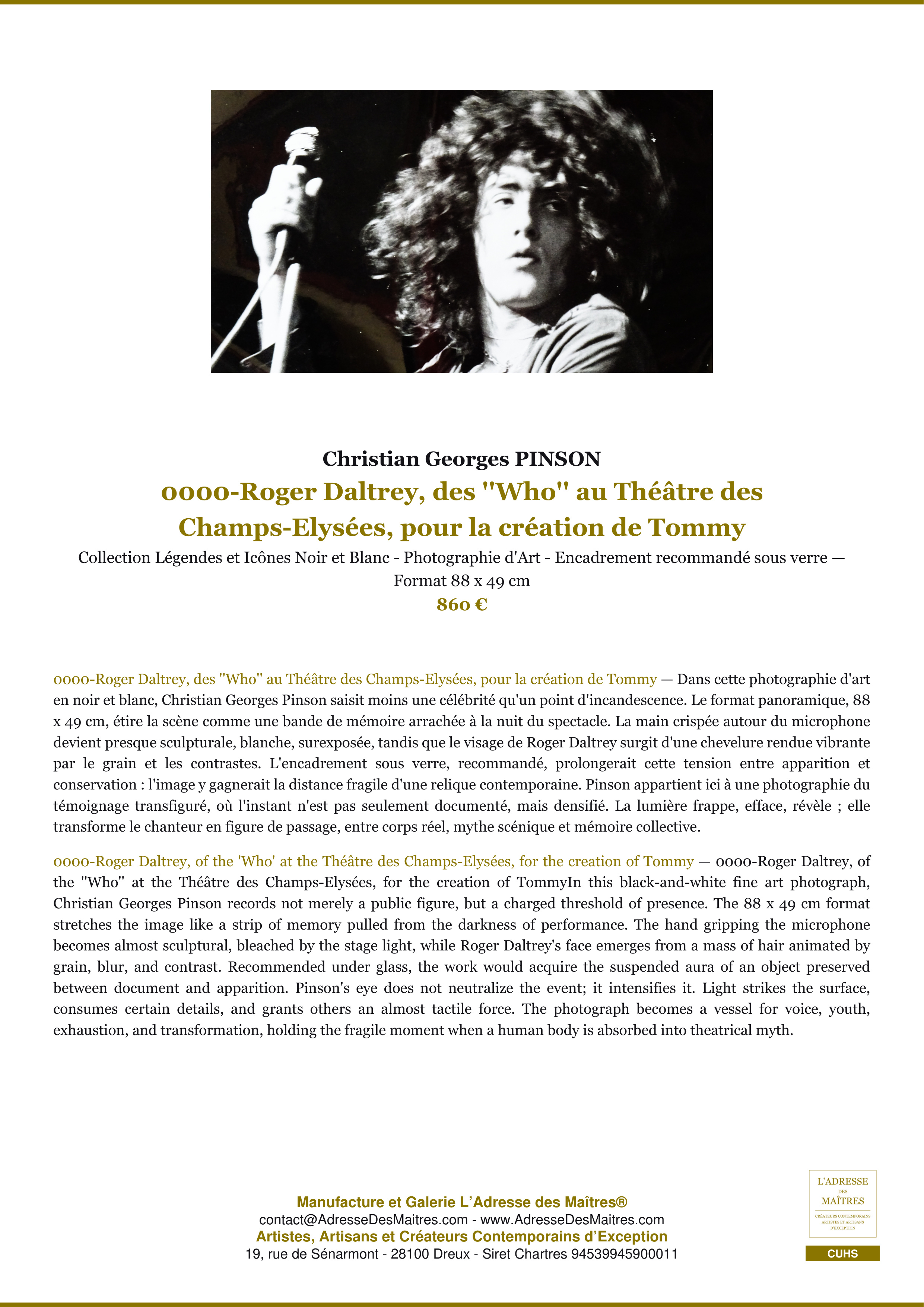 Fiche Premium — 0000-Roger Daltrey, des ''Who'' au Théâtre des Champs-Elysées, pour la création de Tommy — Christian Georges PINSON — L'Adresse des Maîtres®