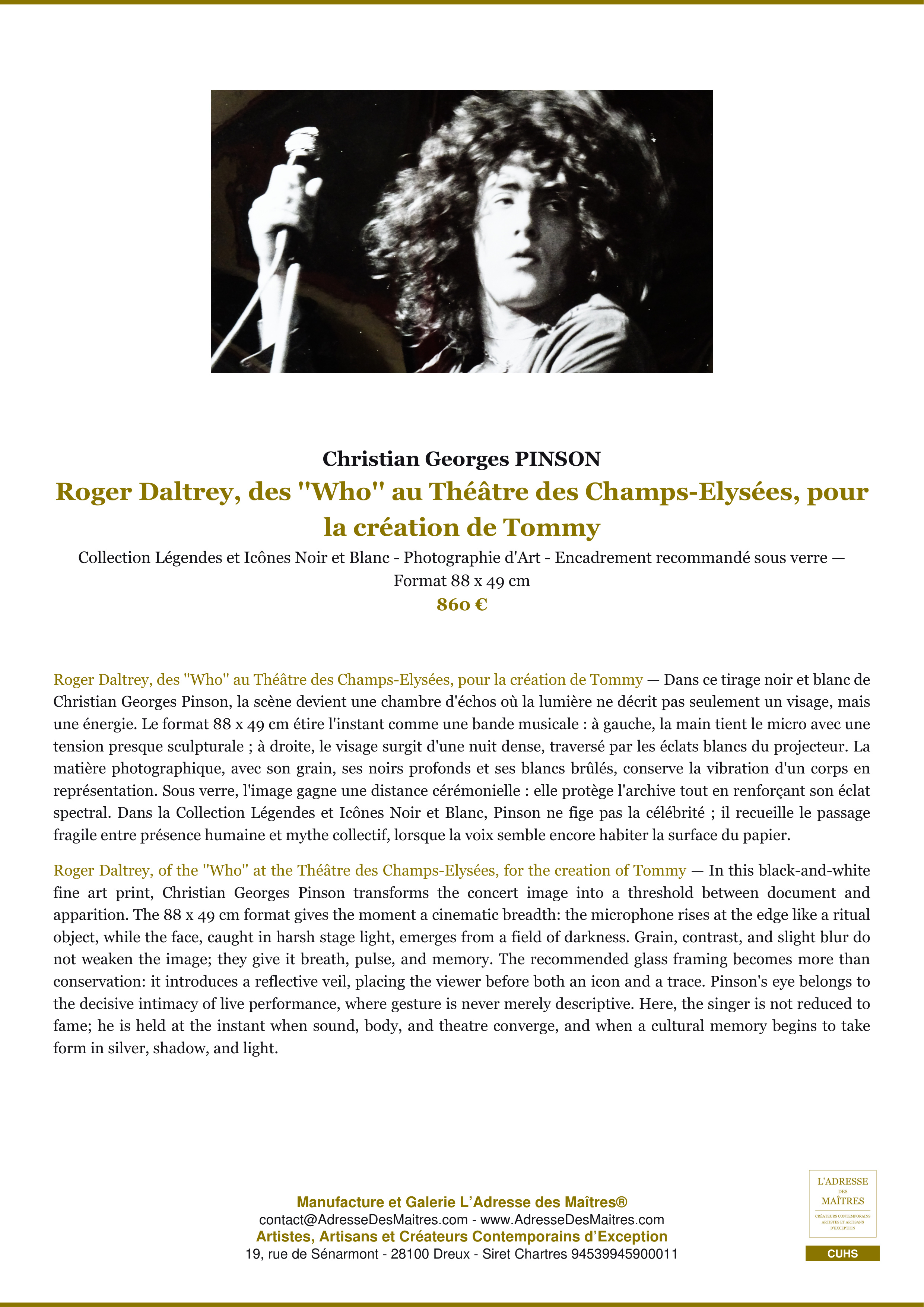 Fiche Premium — Roger Daltrey, des ''Who'' au Théâtre des Champs-Elysées, pour la création de Tommy — Christian Georges PINSON — L'Adresse des Maîtres®