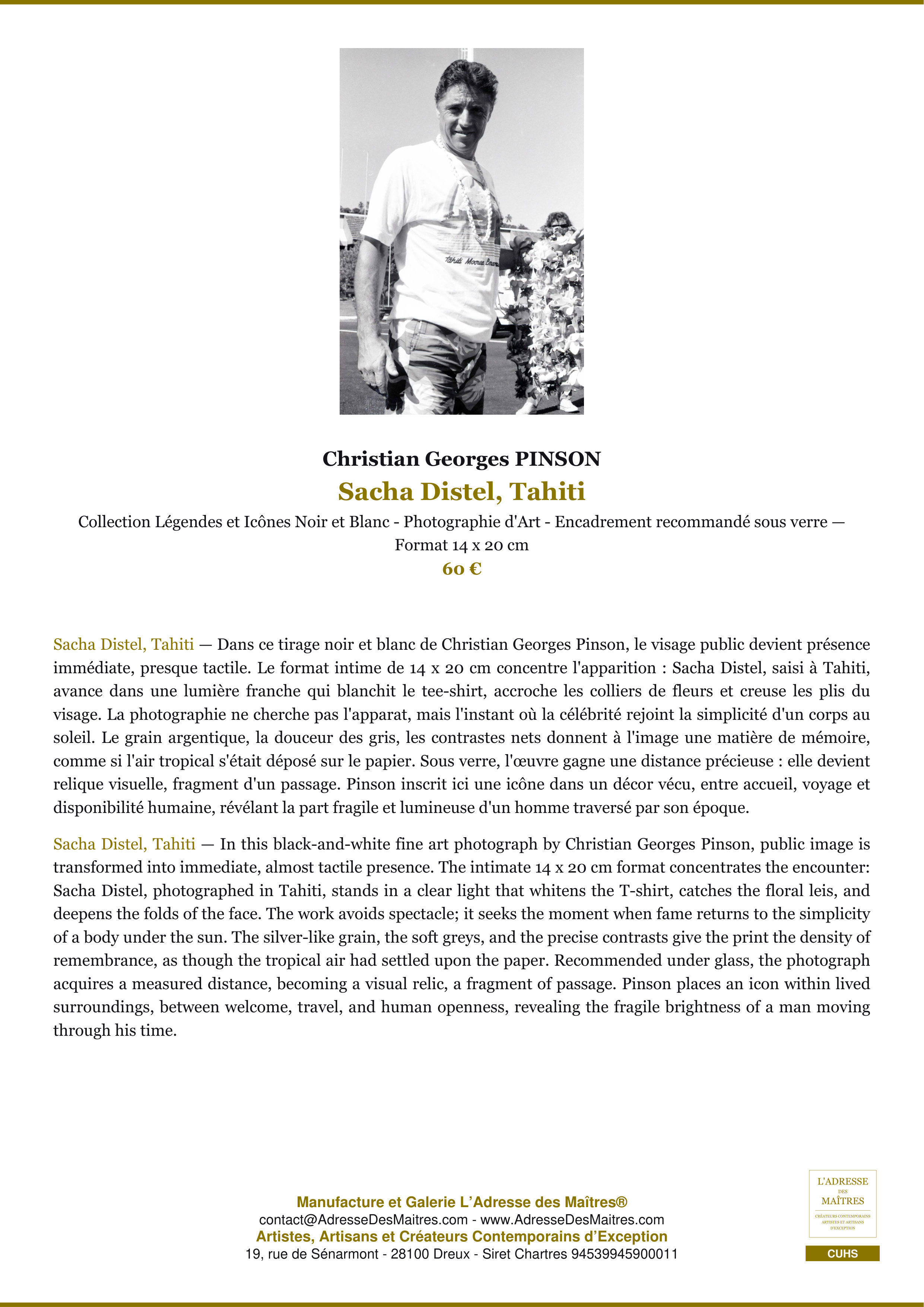 Fiche Premium — Sacha Distel, Tahiti — Christian Georges PINSON — L'Adresse des Maîtres®