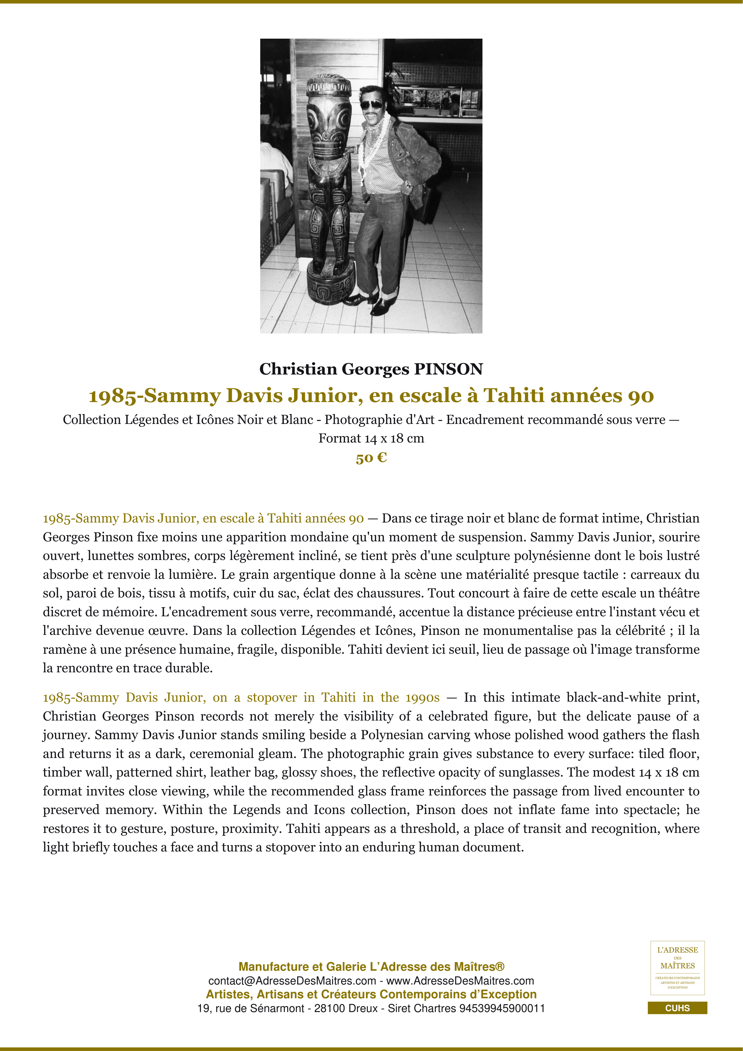 Fiche Premium — 1985-Sammy Davis Junior, en escale à Tahiti années 90 — Christian Georges PINSON — L'Adresse des Maîtres®