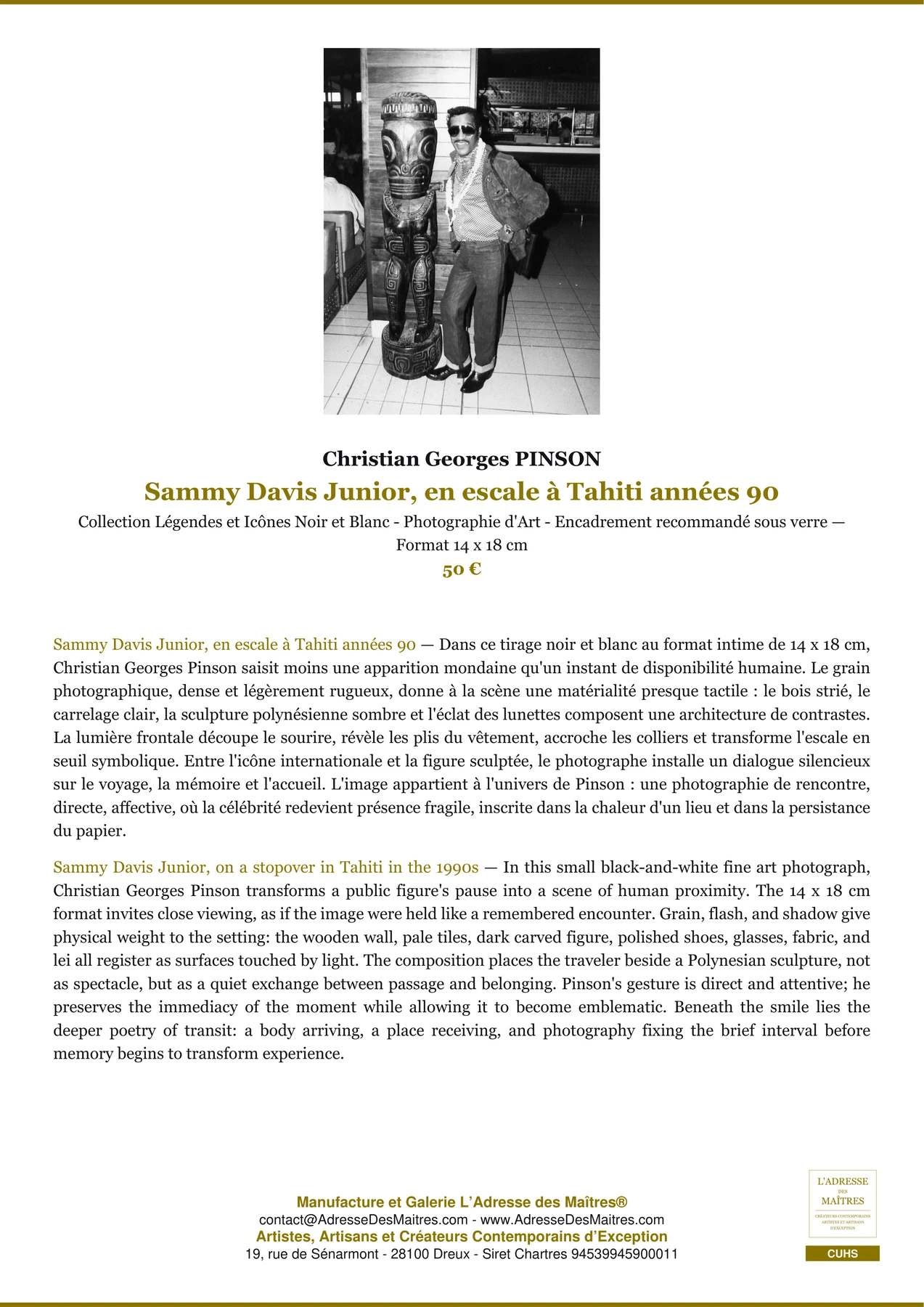 Fiche Premium - Sammy Davis Junior, en escale à Tahiti années 90 - Christian Georges PINSON - L'Adresse des Maîtres®