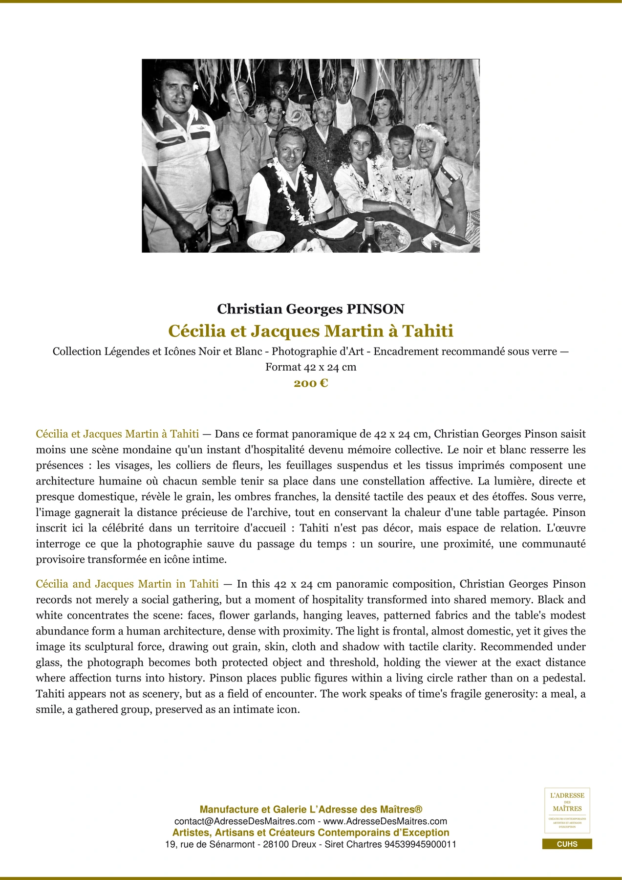 Fiche Premium - Cécilia et Jacques Martin à Tahiti - Christian Georges PINSON - L'Adresse des Maîtres®