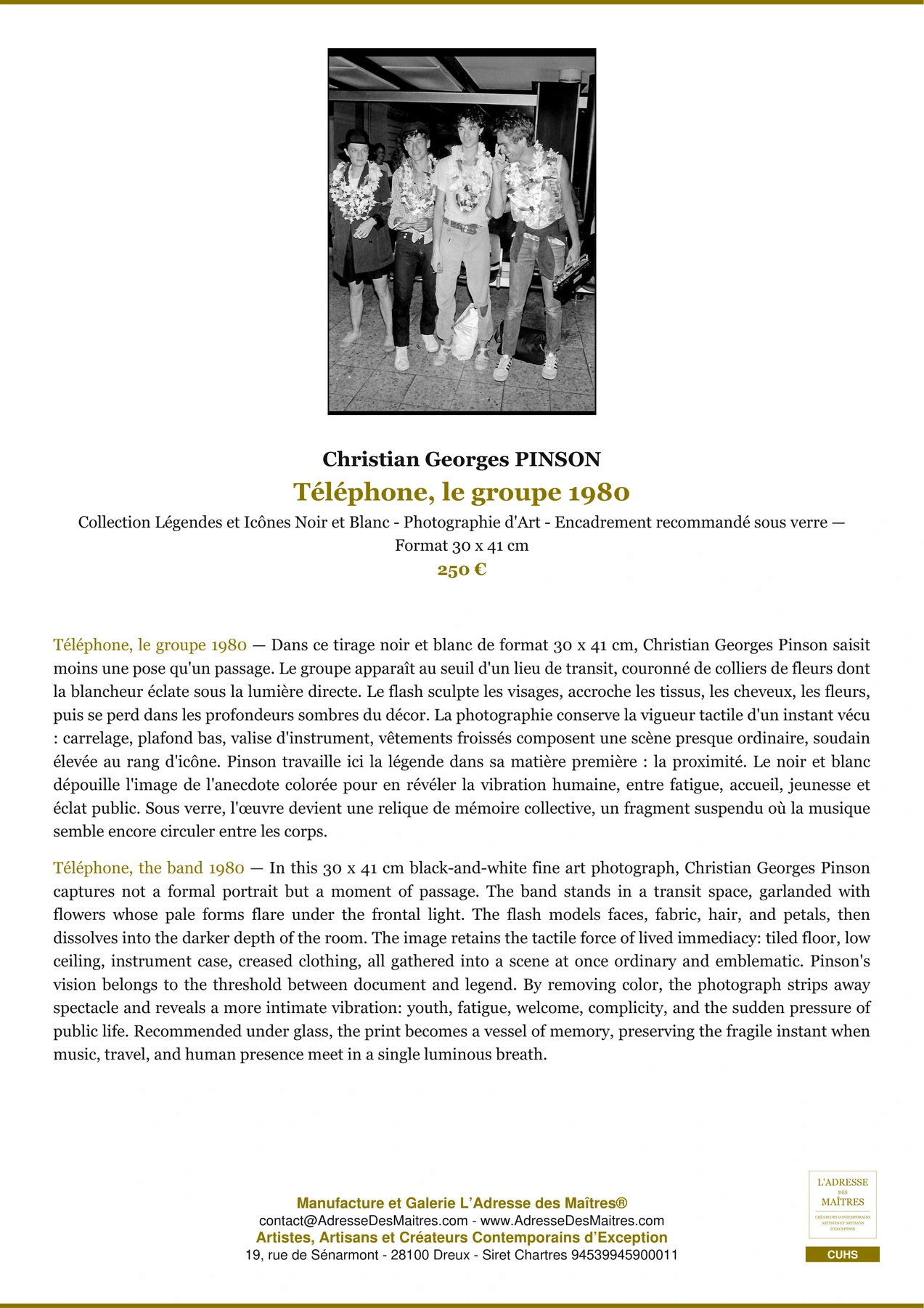 Fiche Premium - Téléphone, le groupe 1980 - Christian Georges PINSON - L'Adresse des Maîtres®