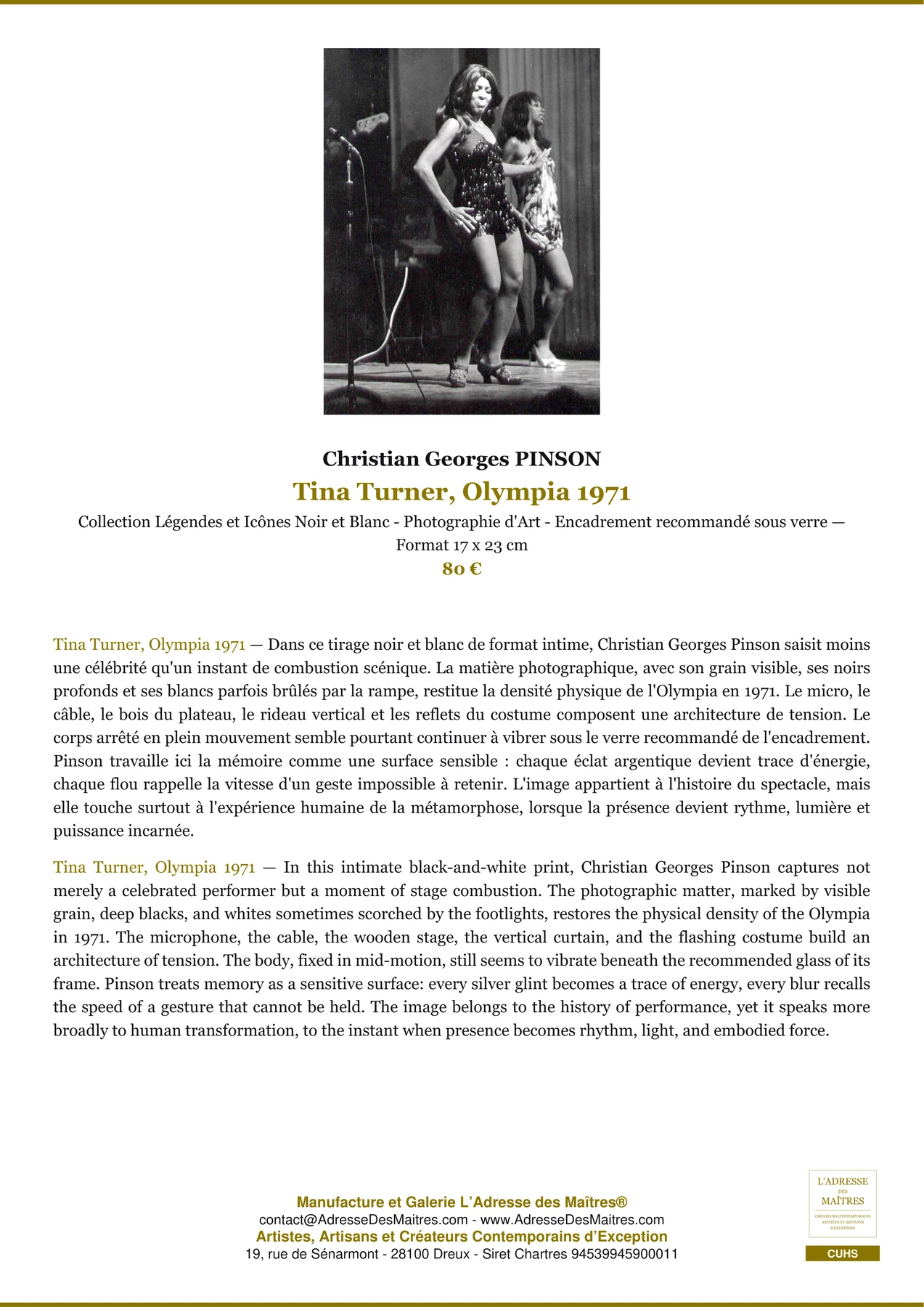 Fiche Premium - Tina Turner, Olympia 1971 - Christian Georges PINSON - L'Adresse des Maîtres®