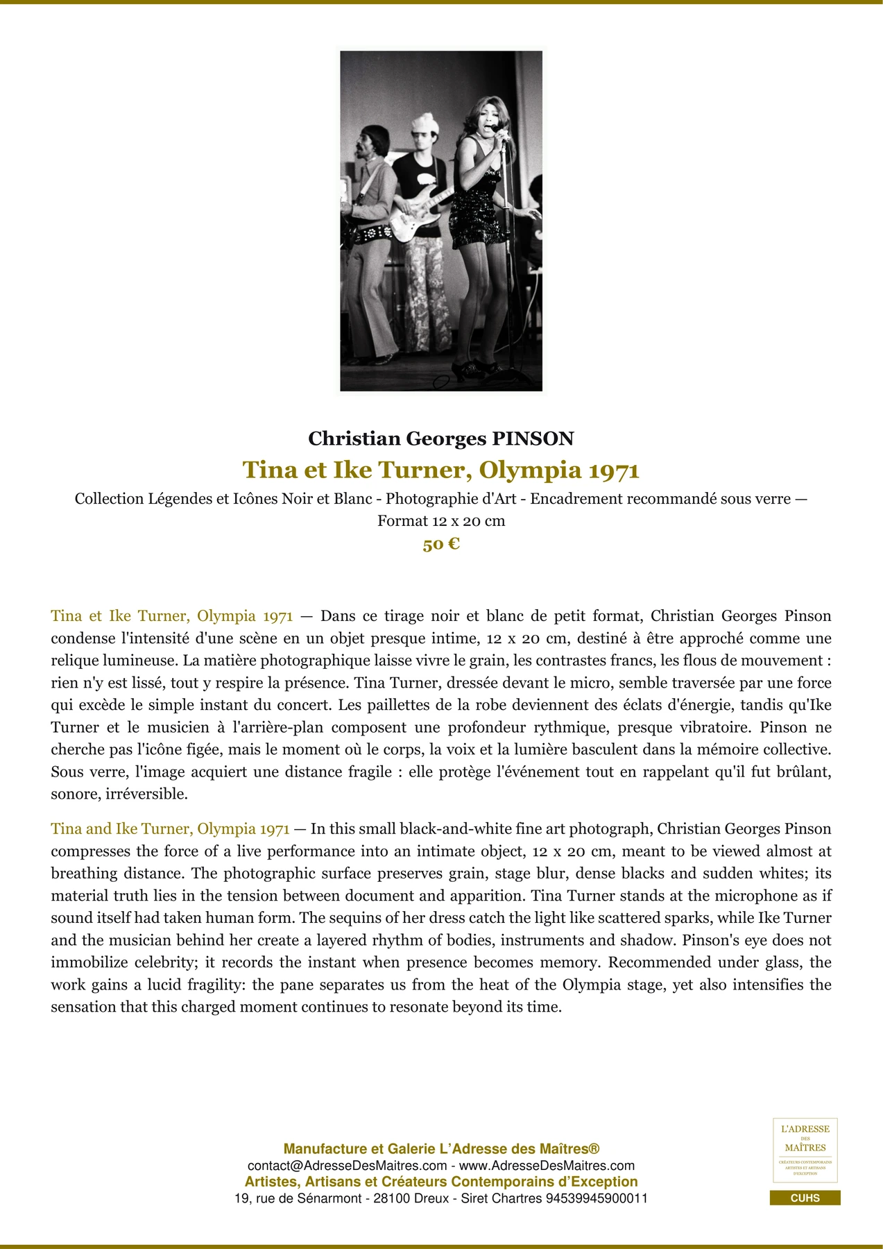 Fiche Premium - Tina et Ike Turner, Olympia 1971 - Christian Georges PINSON - L'Adresse des Maîtres®