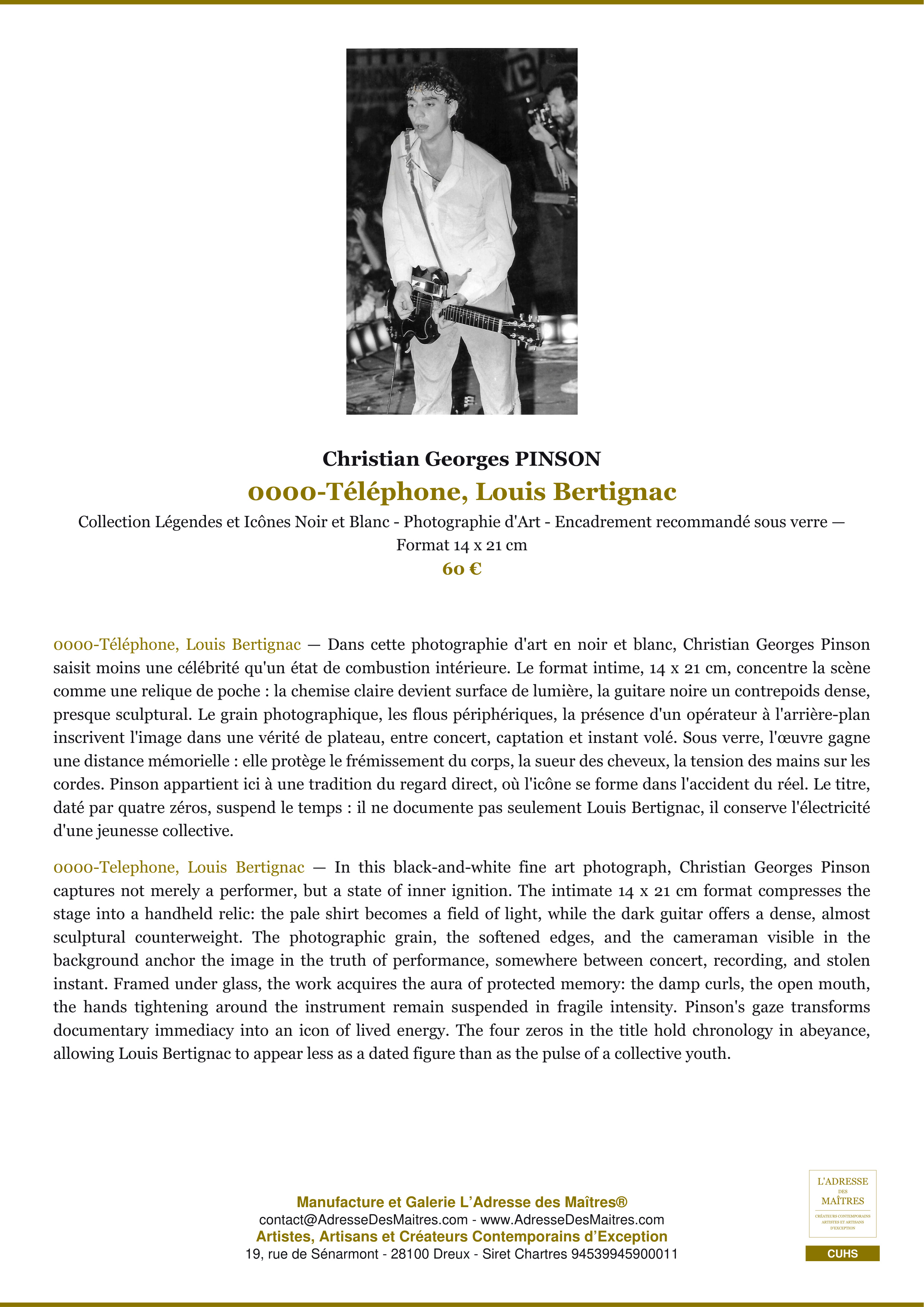 Fiche Premium — 0000-Téléphone, Louis Bertignac — Christian Georges PINSON — L'Adresse des Maîtres®