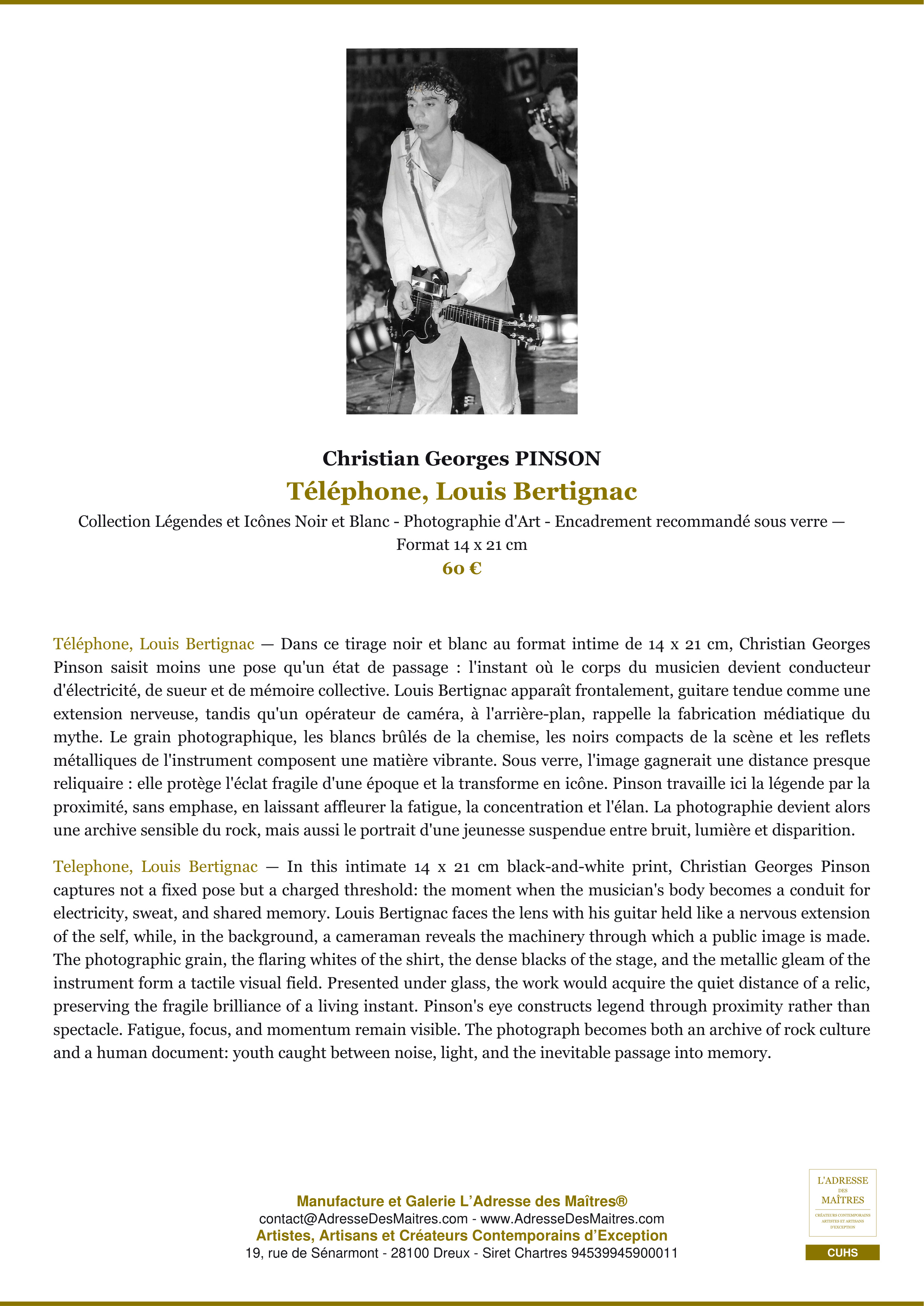 Fiche Premium — Téléphone, Louis Bertignac — Christian Georges PINSON — L'Adresse des Maîtres®