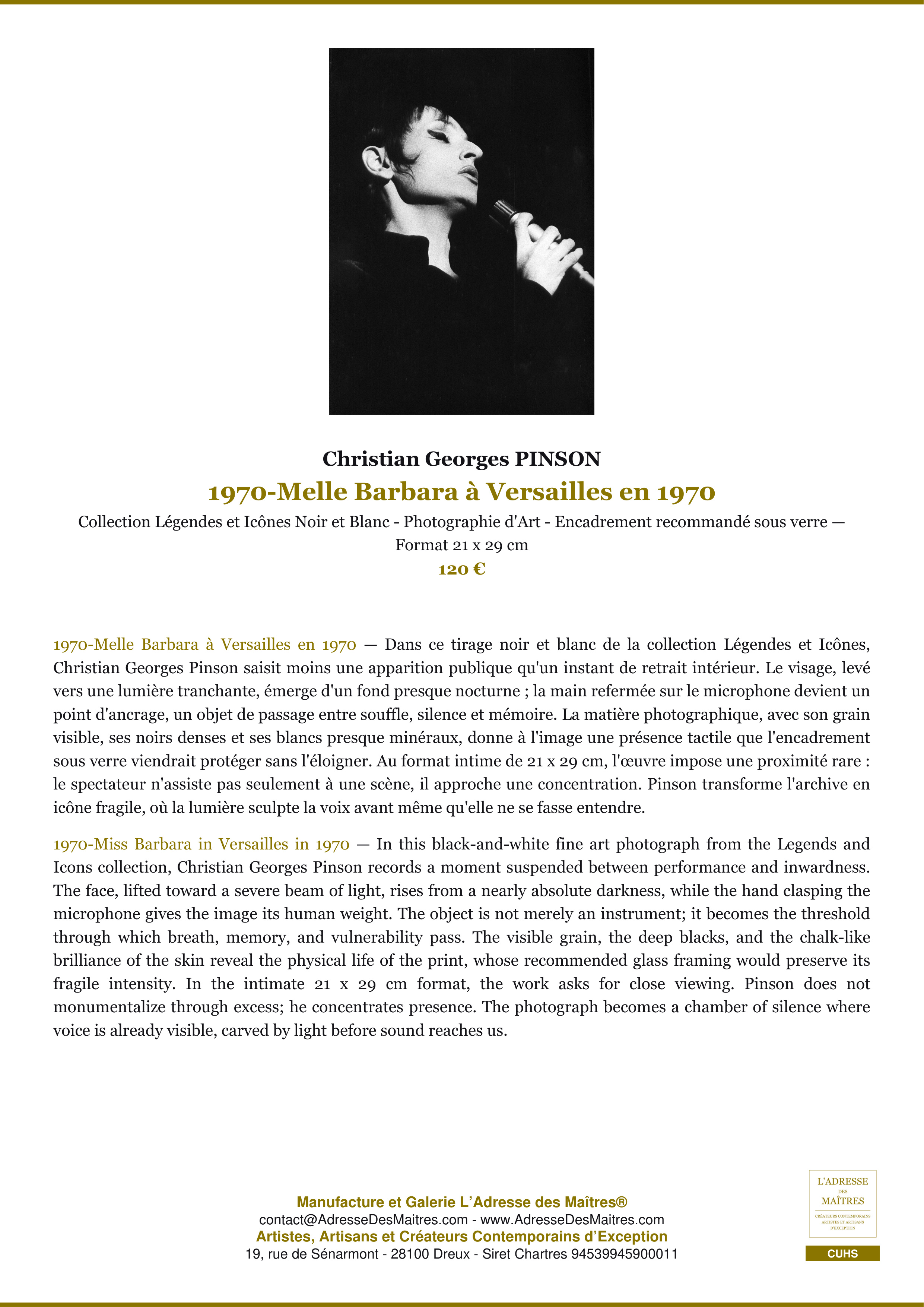 Fiche Premium — 1970-Melle Barbara à Versailles en 1970 — Christian Georges PINSON — L'Adresse des Maîtres®