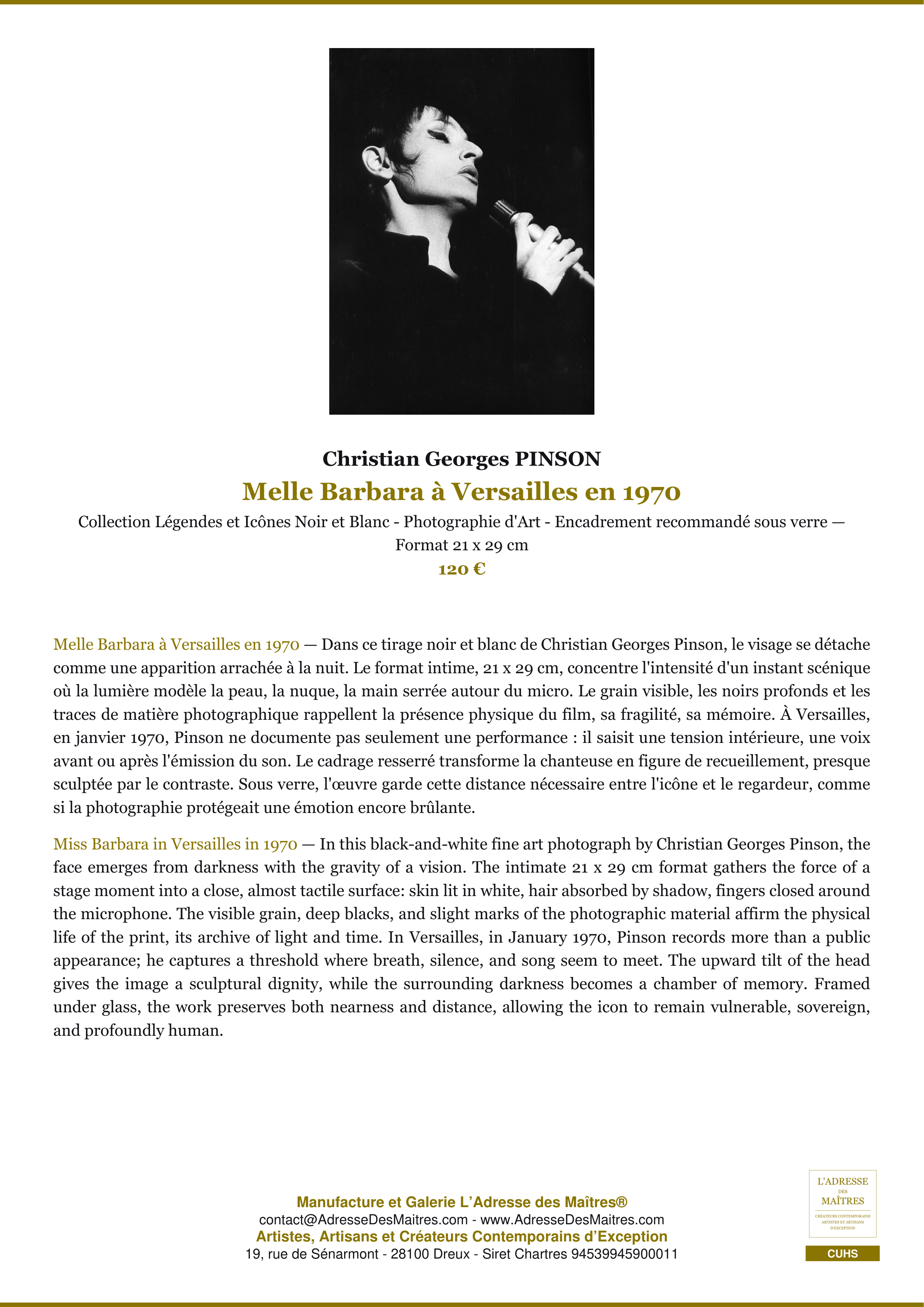 Fiche Premium — Melle Barbara à Versailles en 1970 — Christian Georges PINSON — L'Adresse des Maîtres®