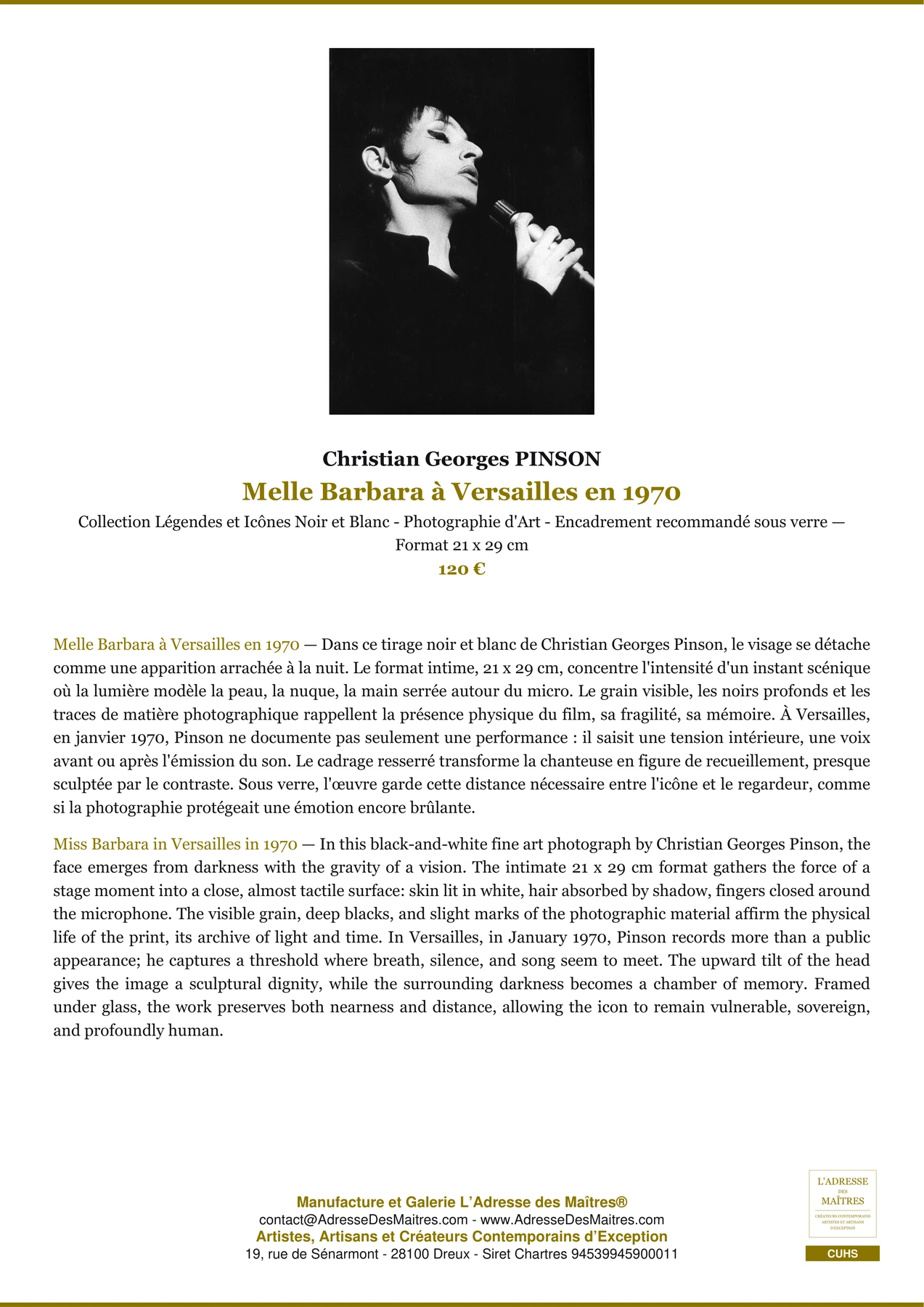 Fiche Premium - Melle Barbara à Versailles en 1970 - Christian Georges PINSON - L'Adresse des Maîtres®