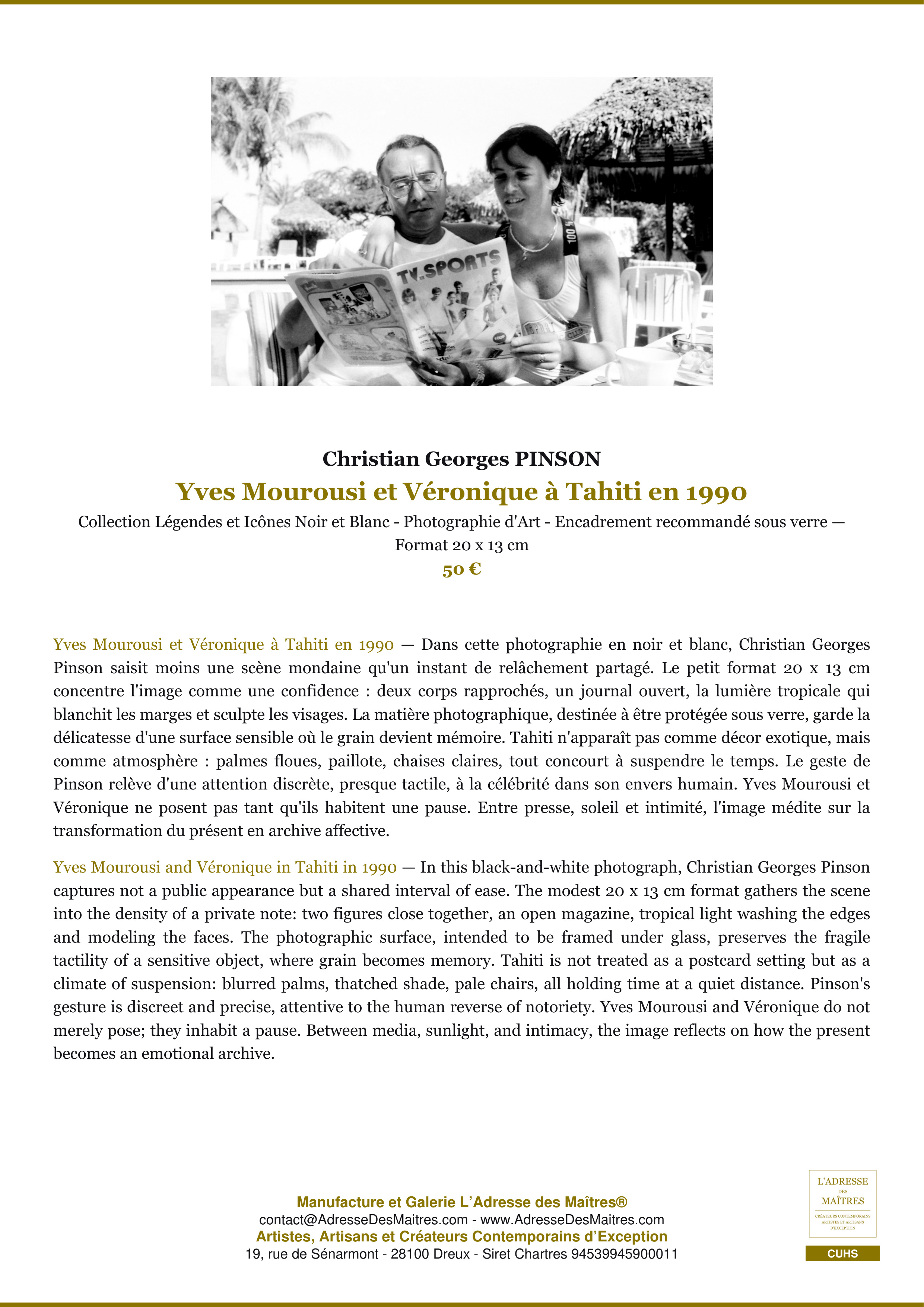 Fiche Premium — Yves Mourousi et Véronique à Tahiti en 1990 — Christian Georges PINSON — L'Adresse des Maîtres®