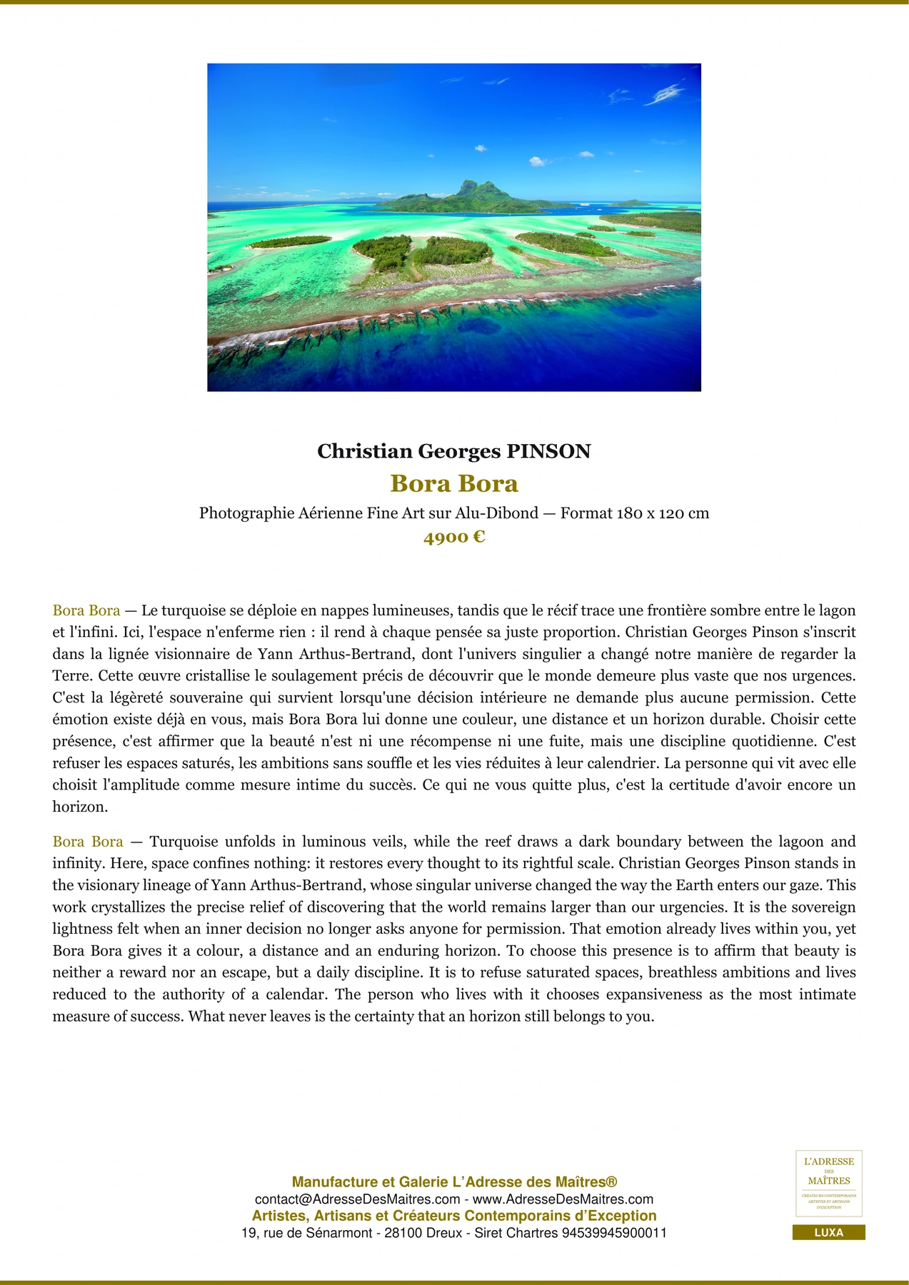 Fiche Premium — Bora Bora — Christian Georges PINSON — L'Adresse des Maîtres®