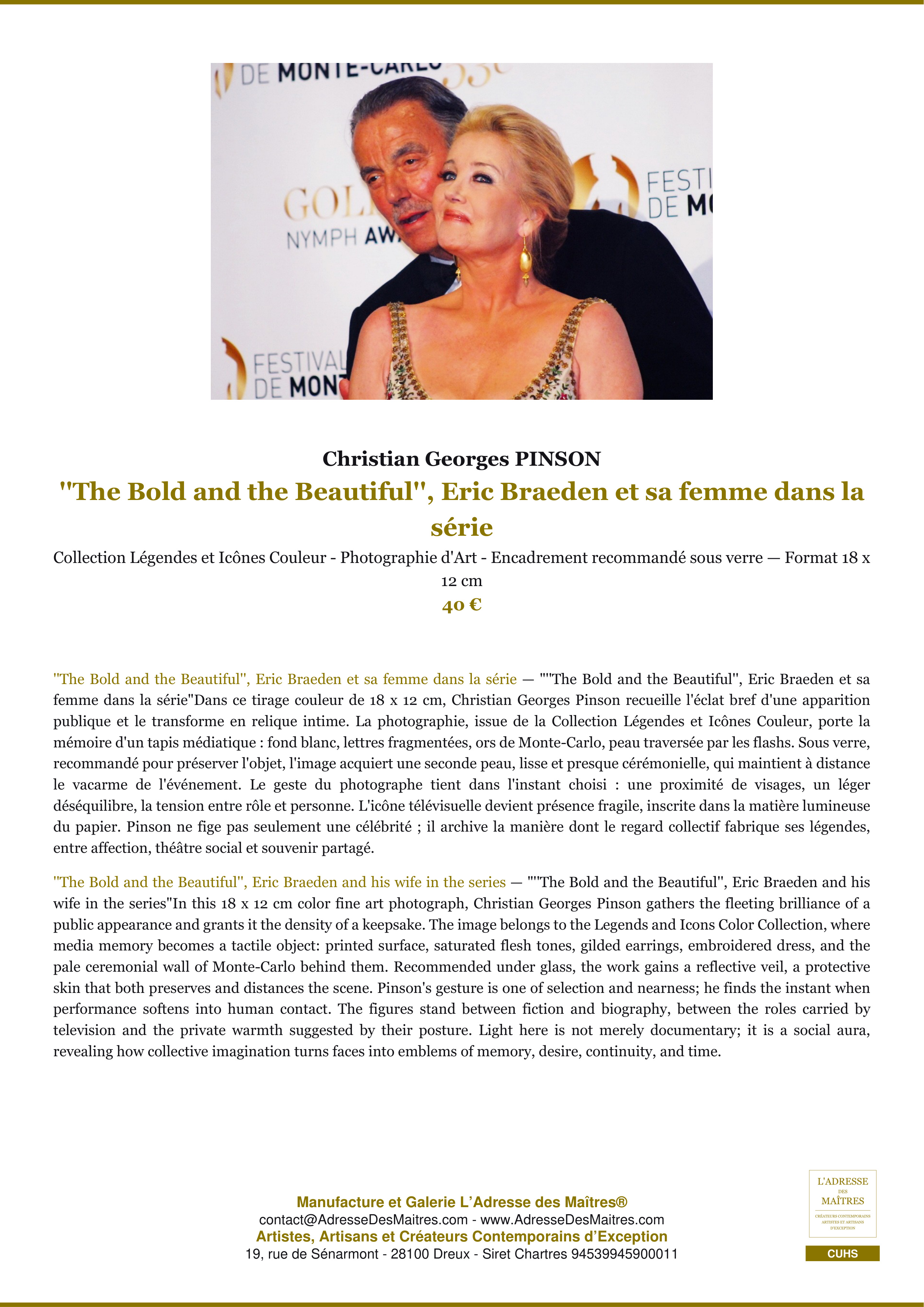 Fiche Premium — ''The Bold and the Beautiful'', Eric Braeden et sa femme dans la série — Christian Georges PINSON — L'Adresse des Maîtres®