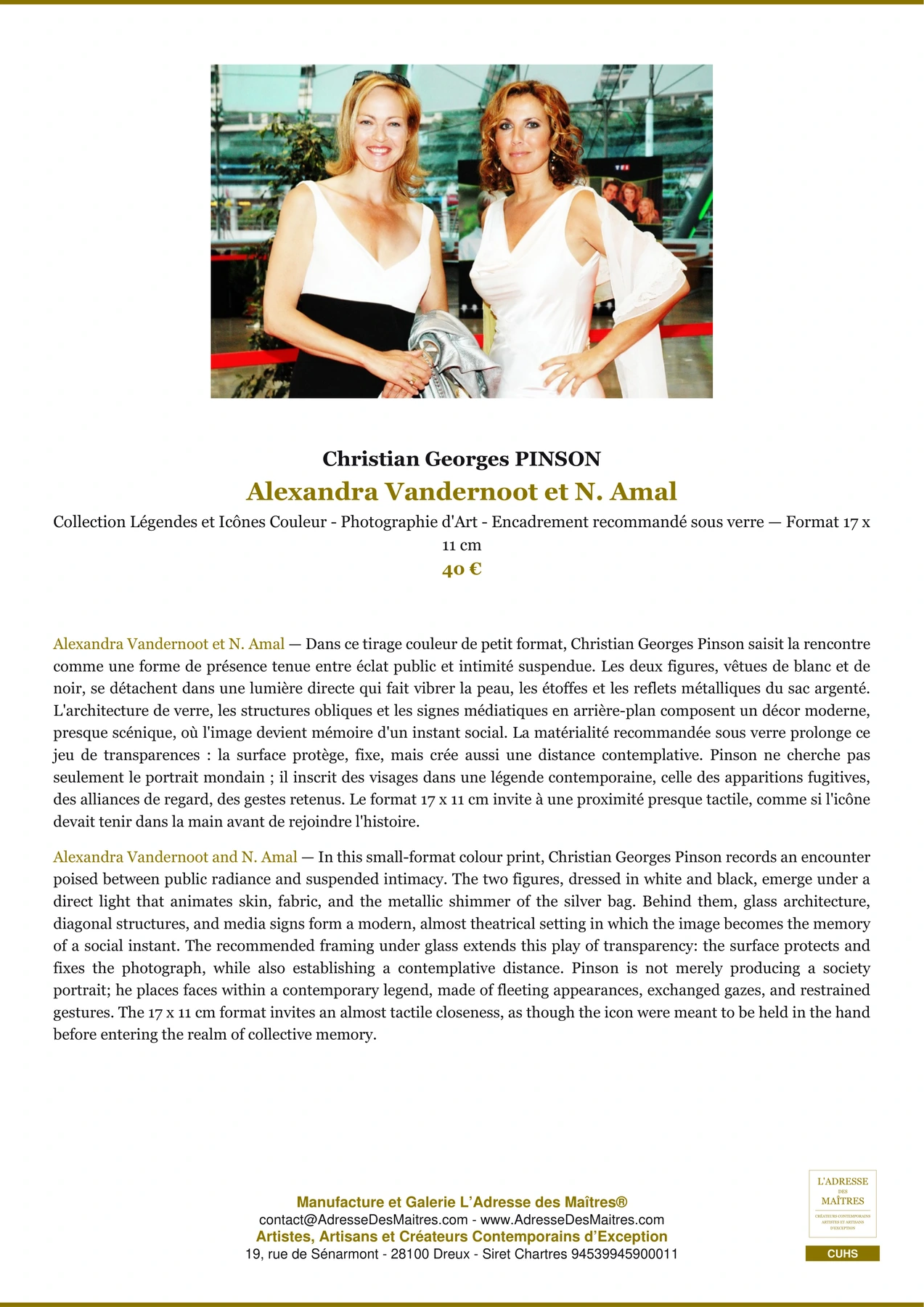 Fiche Premium - Alexandra Vandernoot et N. Amal - Christian Georges PINSON - L'Adresse des Maîtres®
