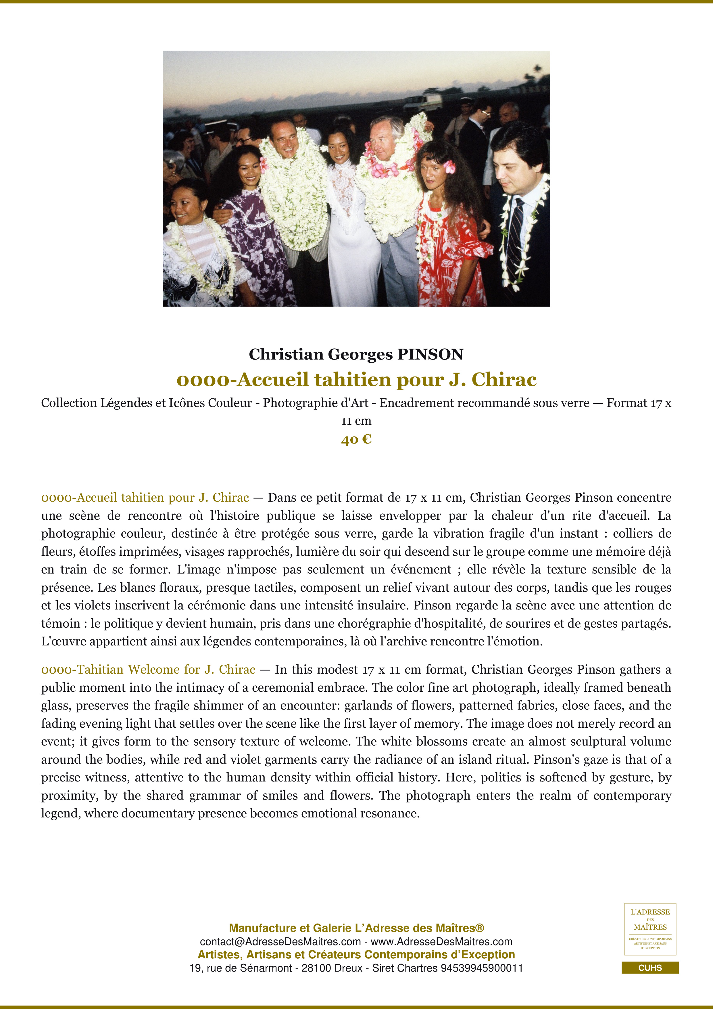 Fiche Premium — 0000-Accueil tahitien pour J. Chirac — Christian Georges PINSON — L'Adresse des Maîtres®
