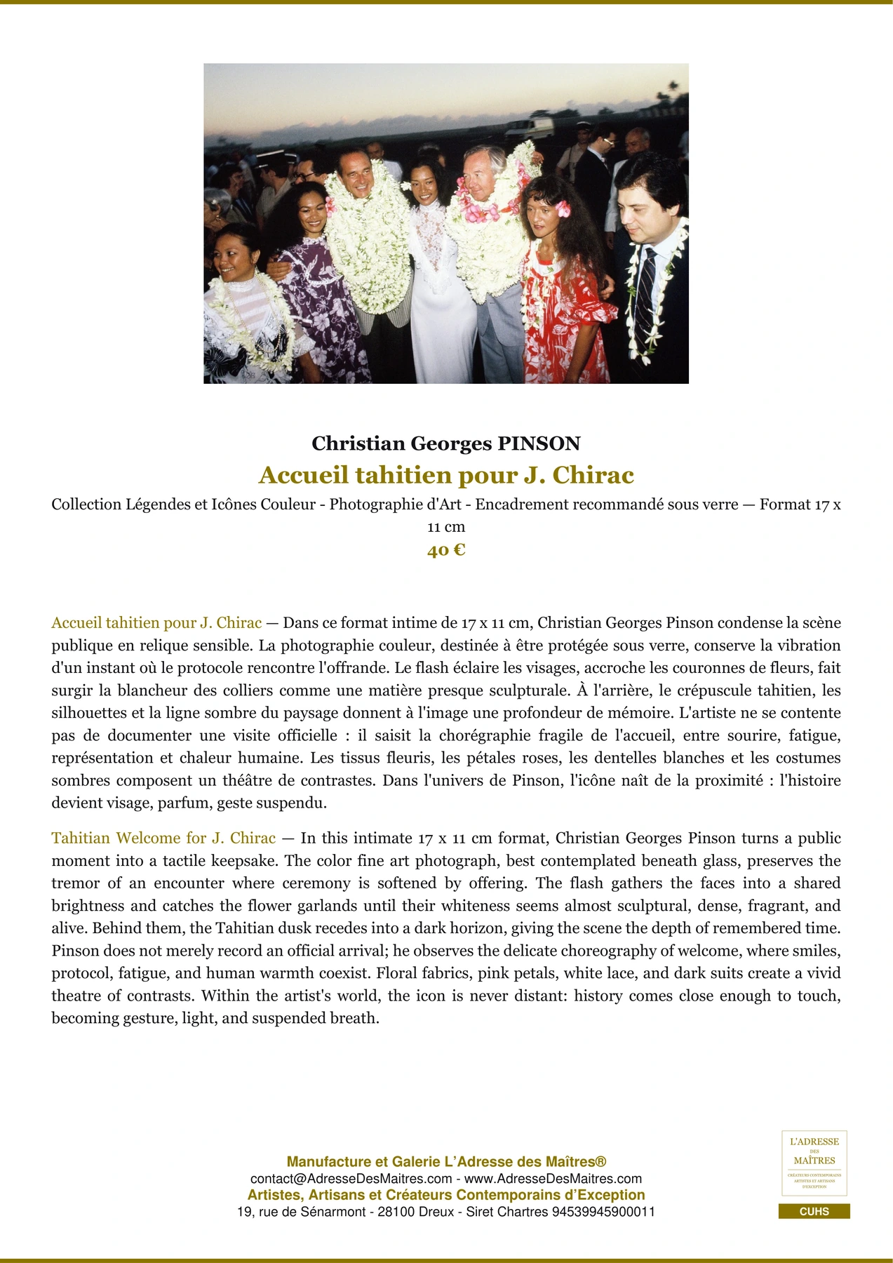 Fiche Premium - Accueil tahitien pour J. Chirac - Christian Georges PINSON - L'Adresse des Maîtres®