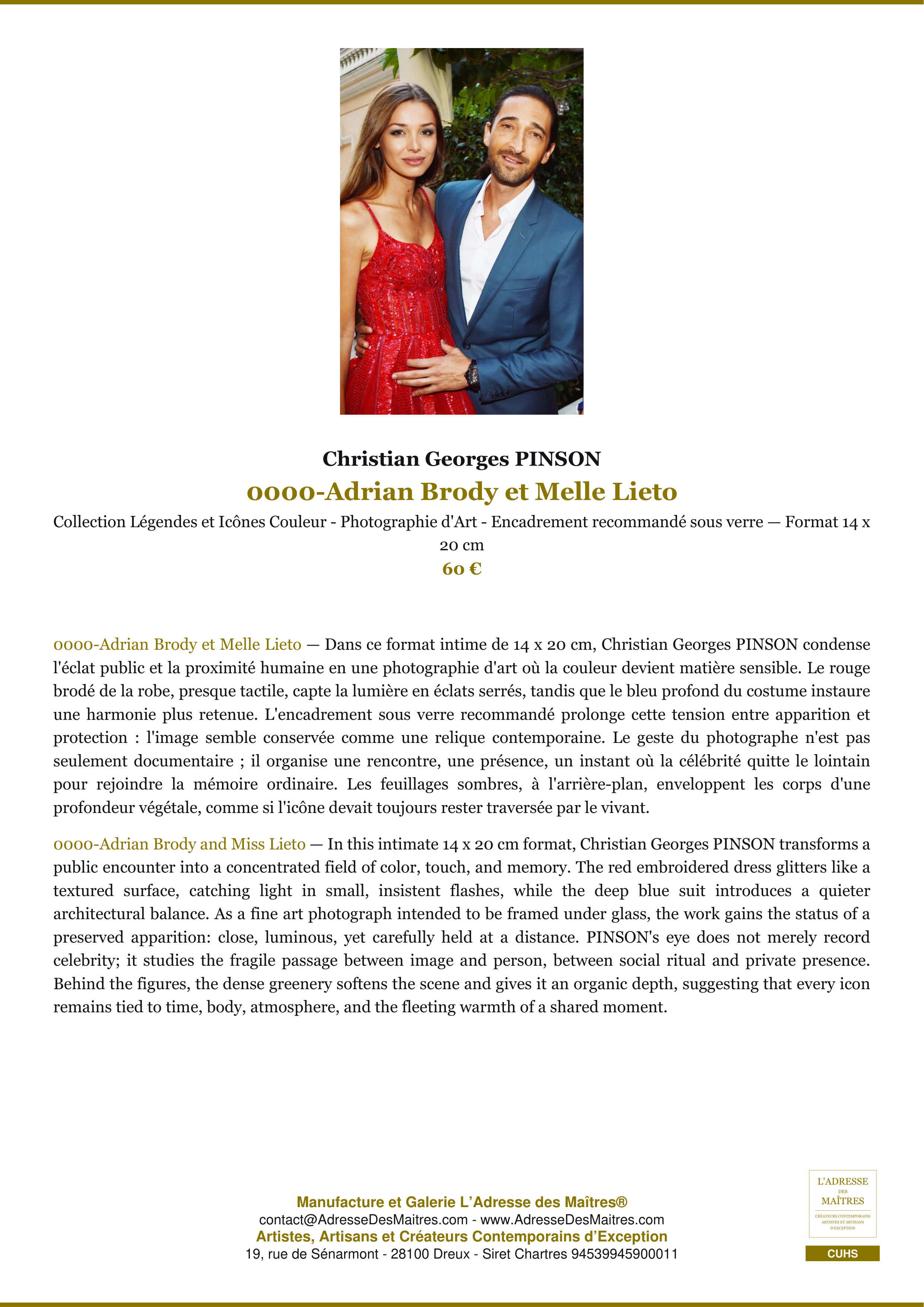 Fiche Premium — 0000-Adrian Brody et Melle Lieto — Christian Georges PINSON — L'Adresse des Maîtres®