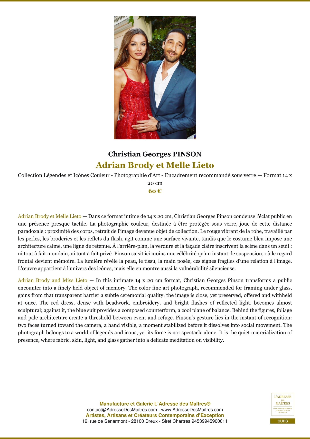 Fiche Premium - Adrian Brody et Melle Lieto - Christian Georges PINSON - L'Adresse des Maîtres®